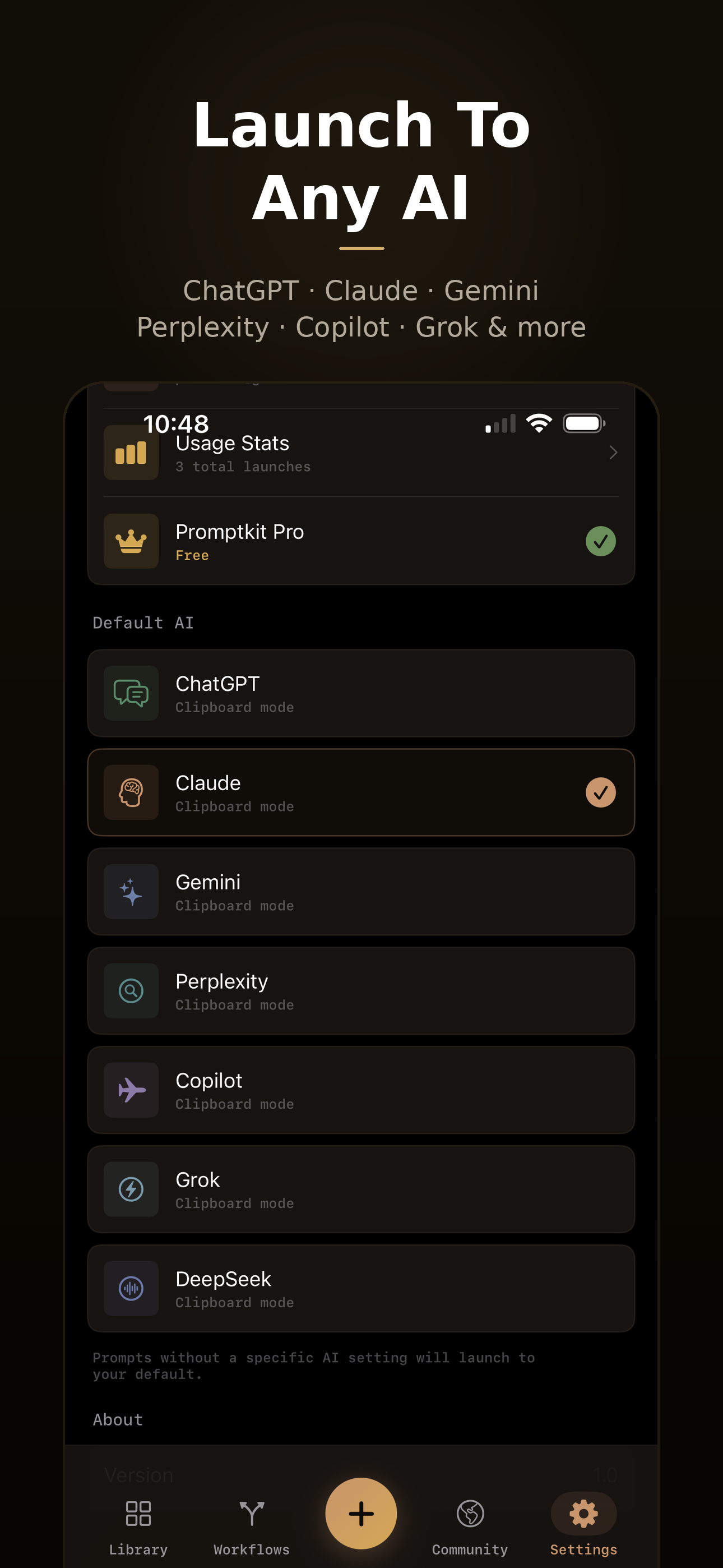 PromptKit Settings — Launch to any AI including ChatGPT, Claude, Gemini