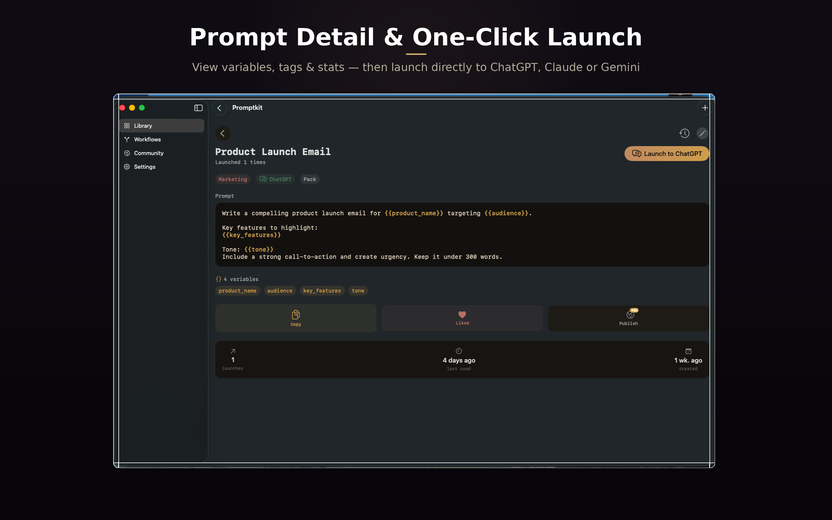 PromptKit for Mac — Prompt detail with one-click launch to ChatGPT or Claude