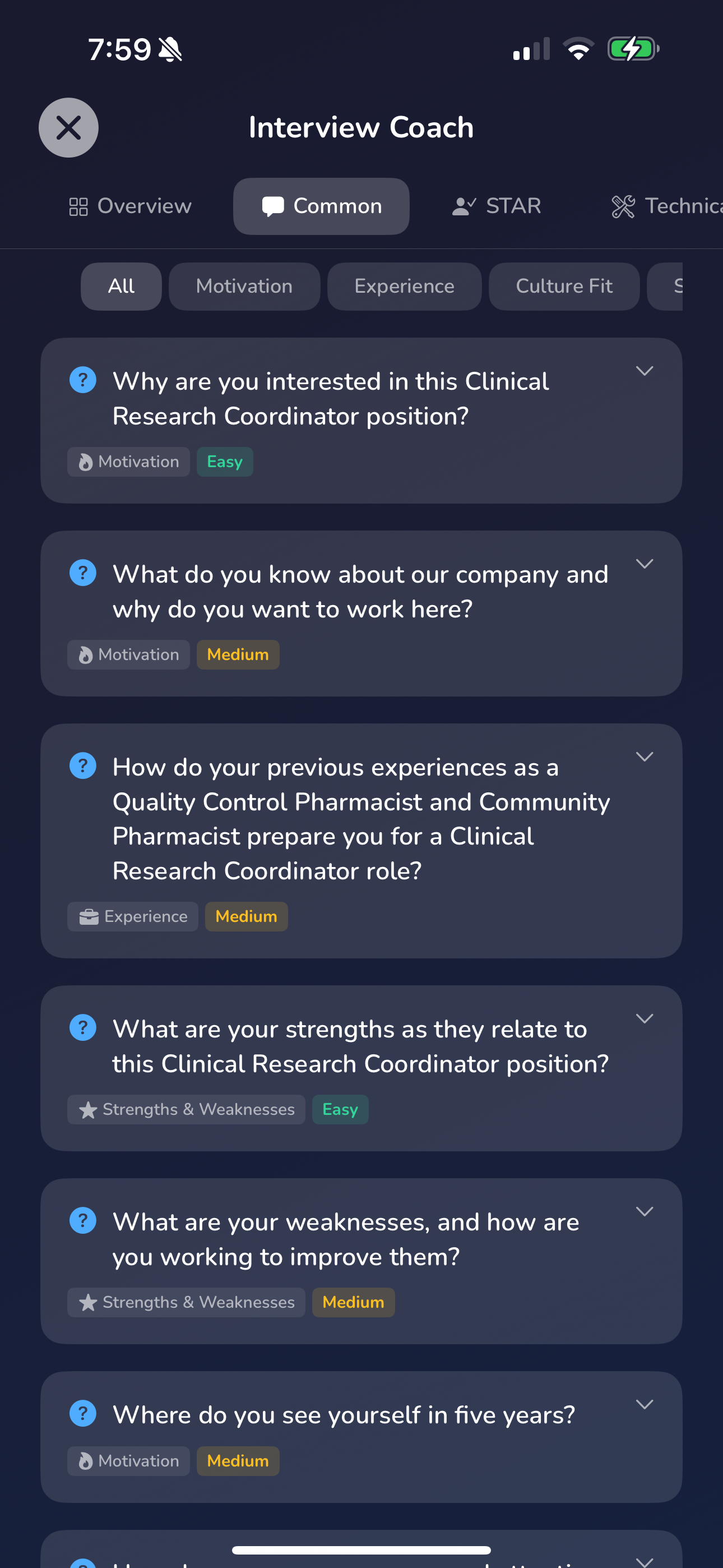 Interview Coach common questions with difficulty ratings