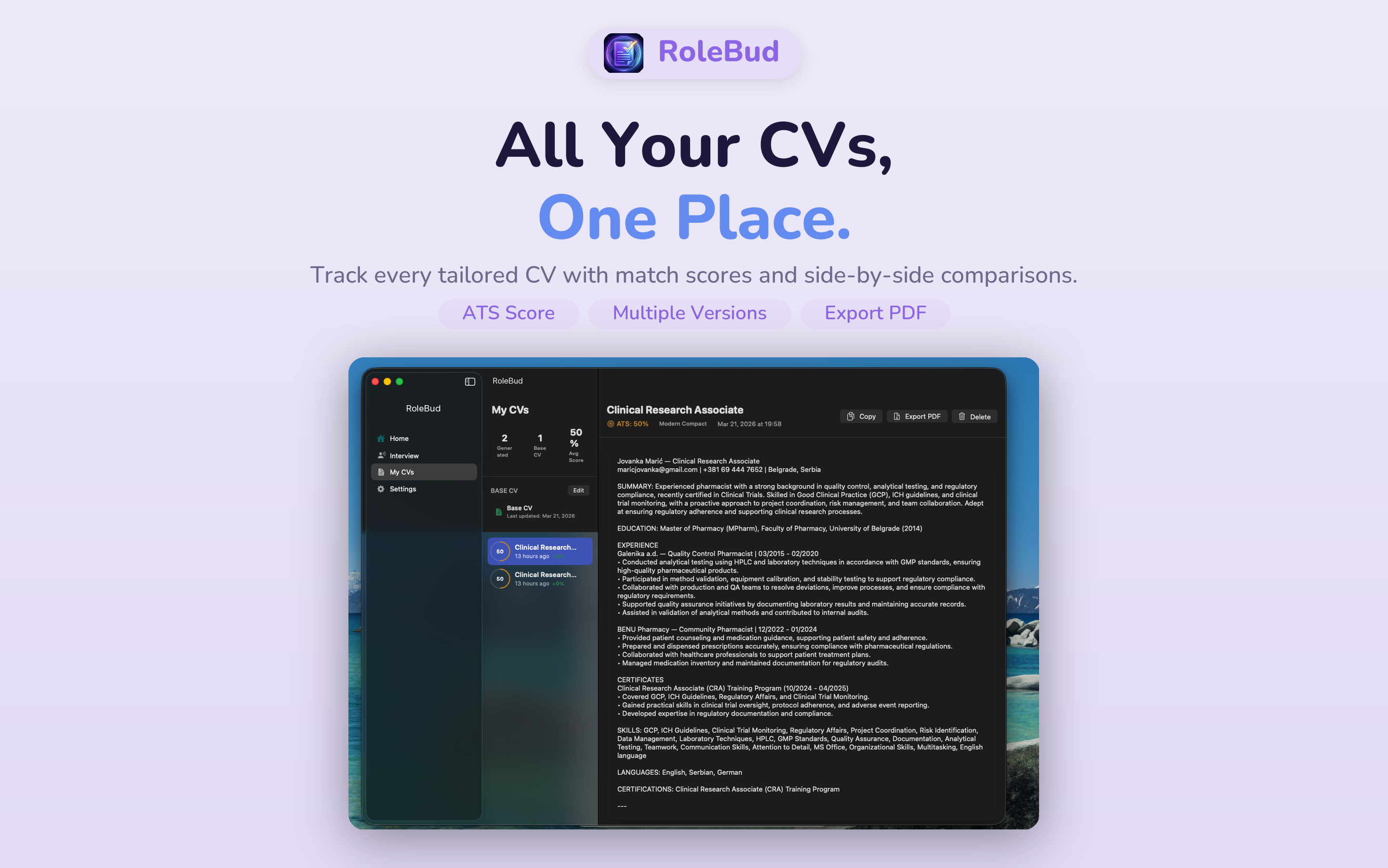 RoleBud Mac — My CVs list with ATS match scores and side-by-side comparisons