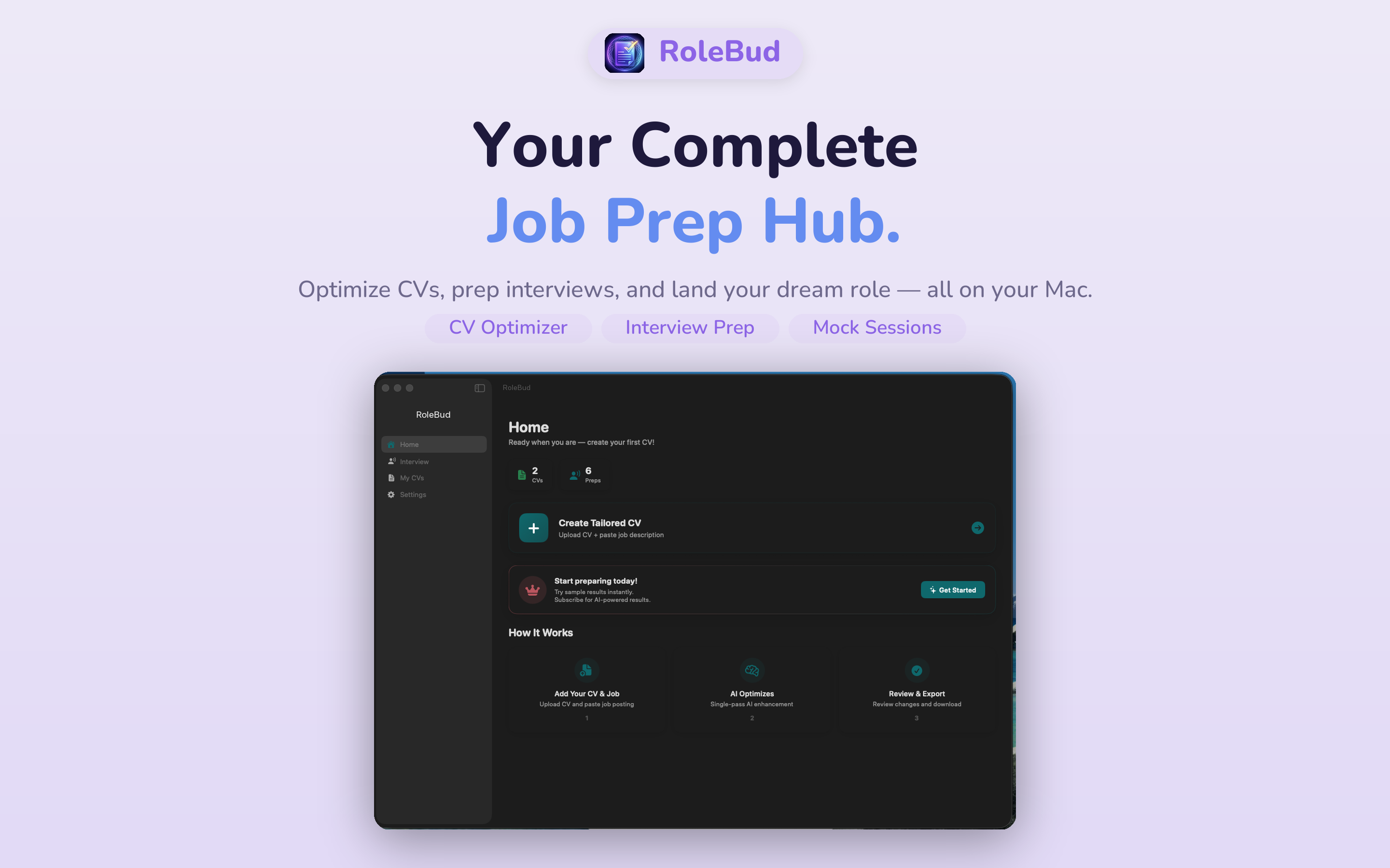 RoleBud Mac app — home dashboard with Create Tailored CV and progress stats