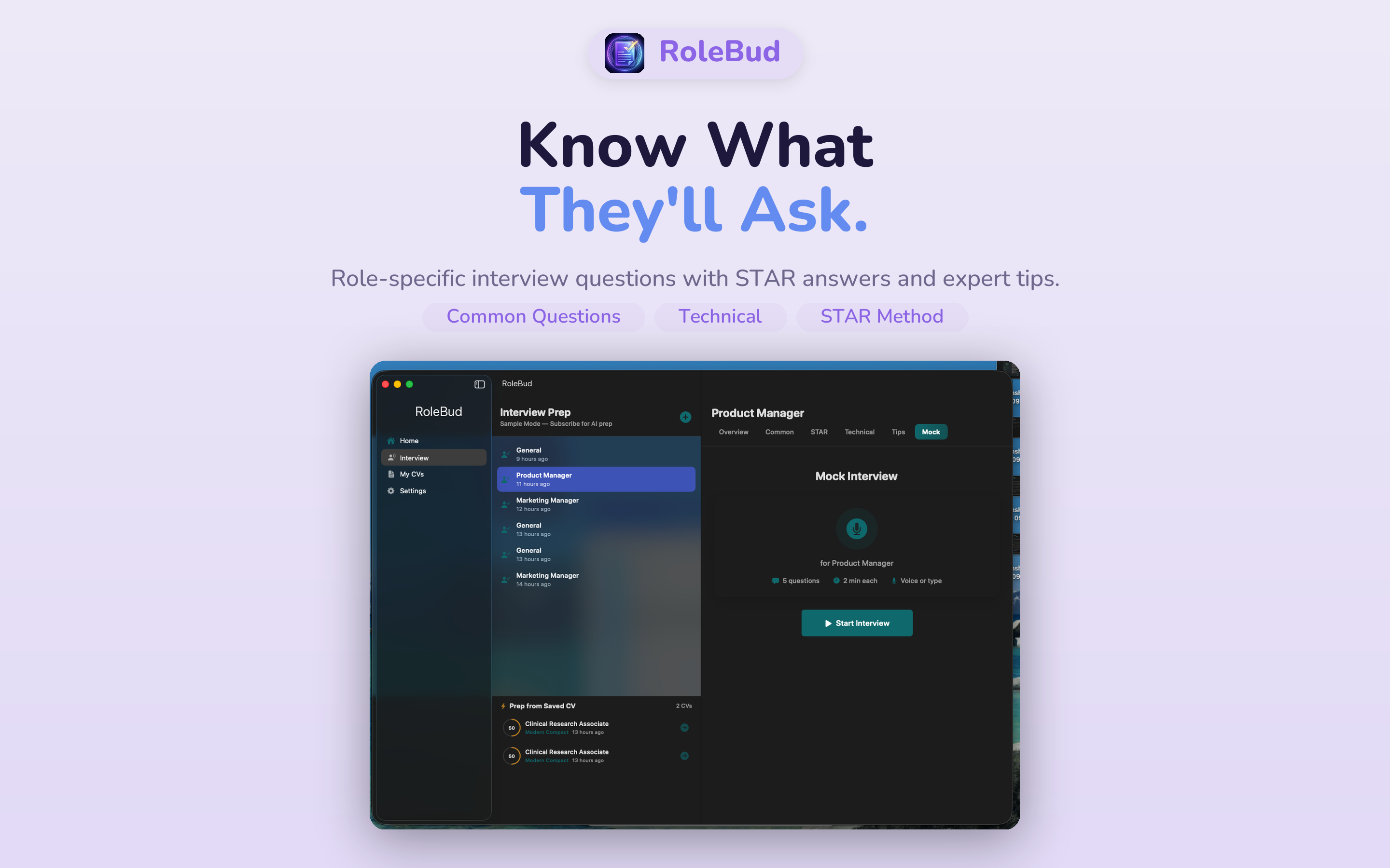 RoleBud Mac — Interview Prep with role-specific questions, STAR answers and expert tips
