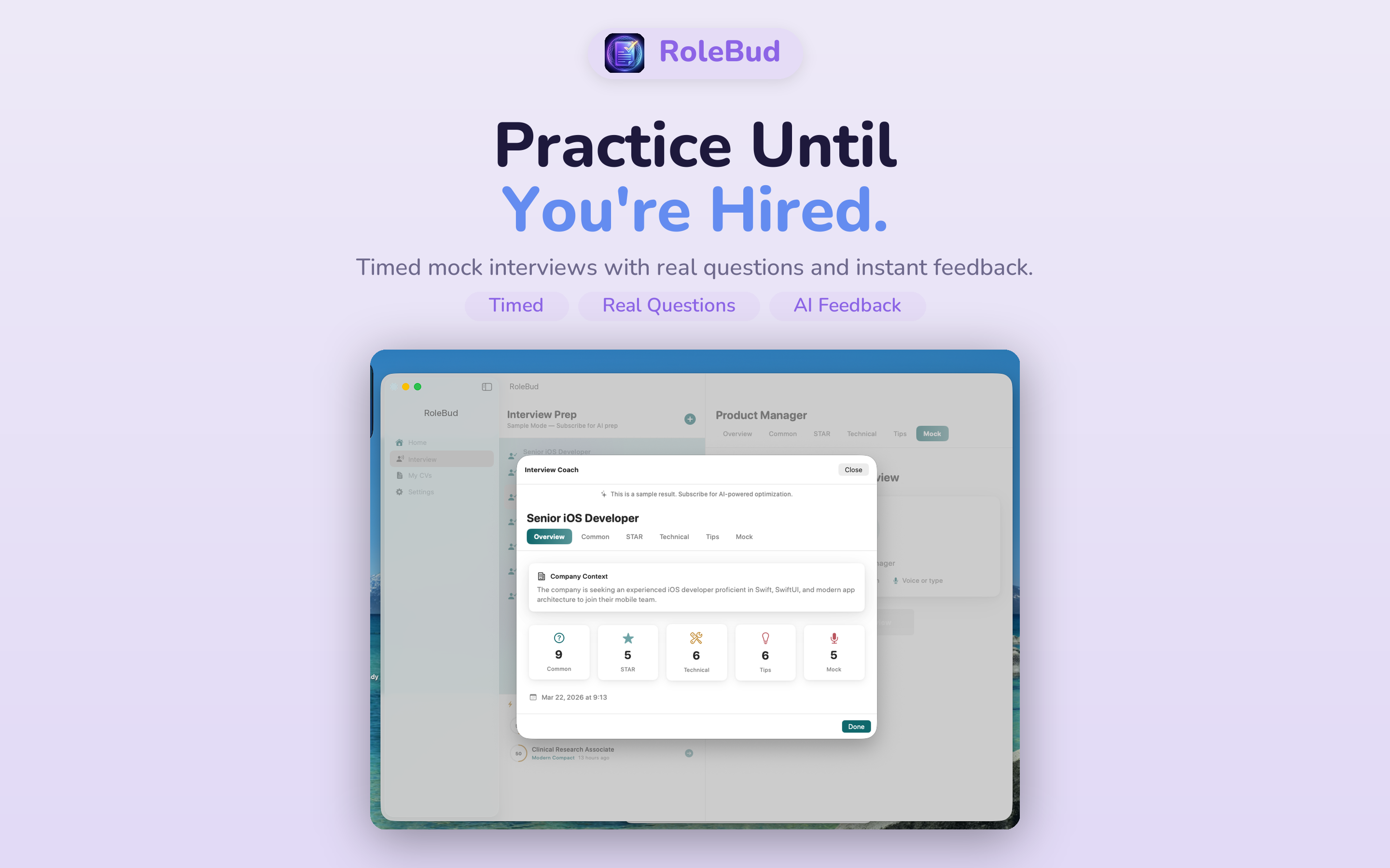 RoleBud Mac — Timed mock interview with real role-specific questions and AI feedback