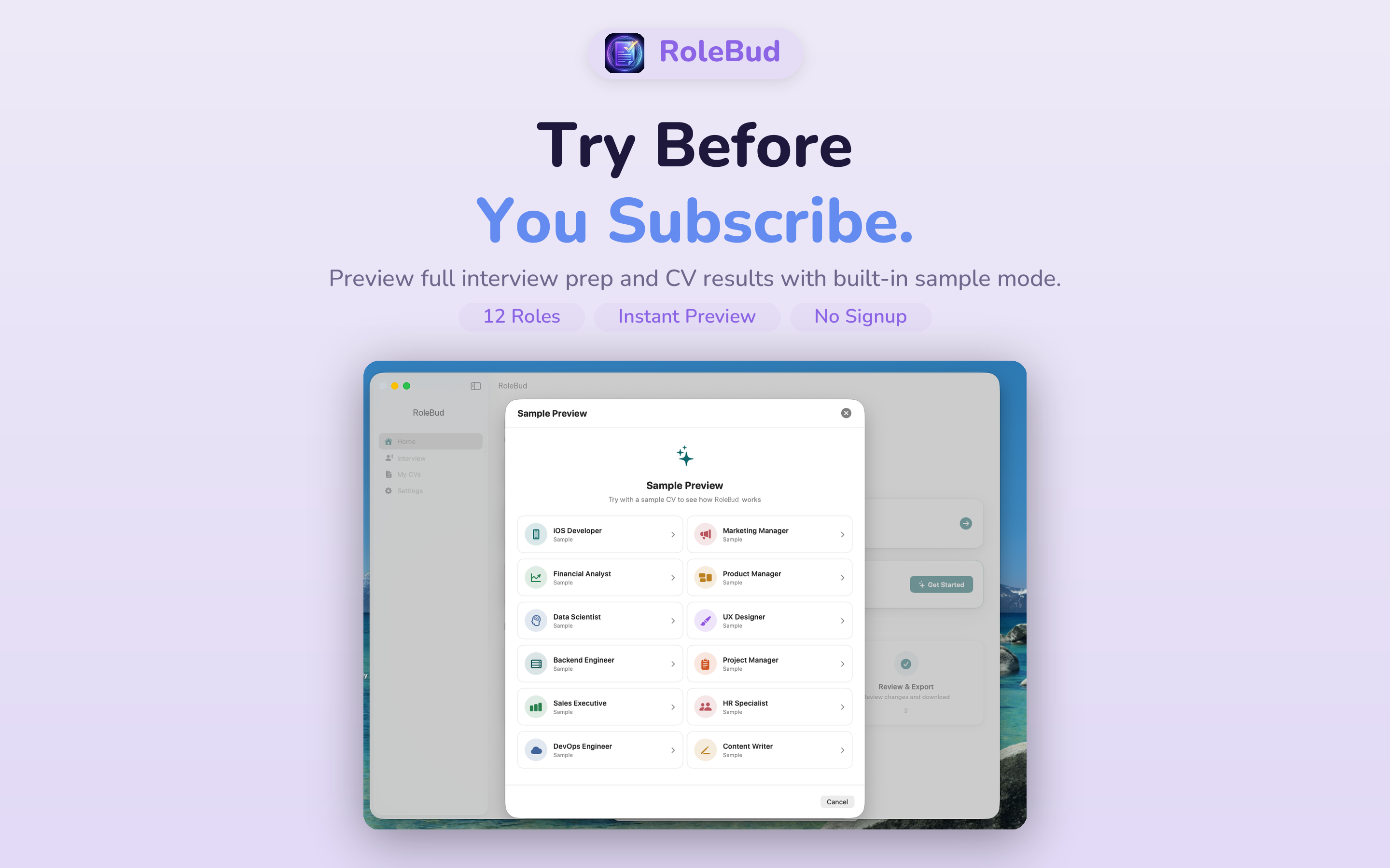 RoleBud Mac — Sample Preview with 12 role templates for instant try-before-you-subscribe access