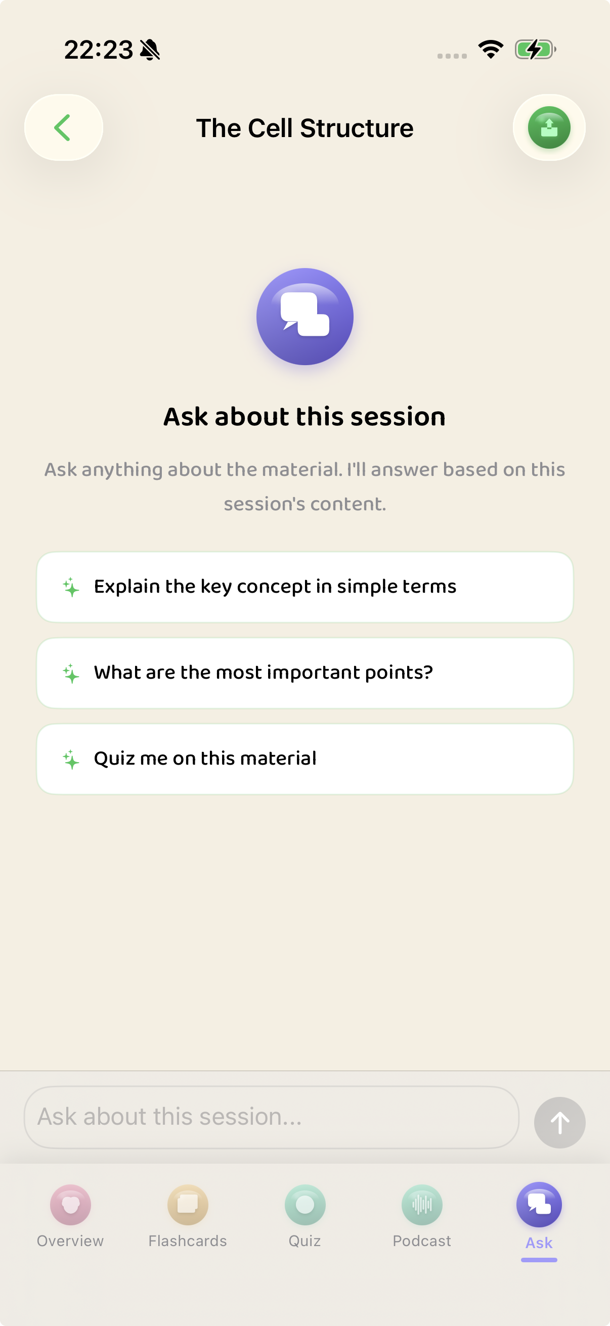 Per-session AI chat that knows your imported material and suggests study prompts