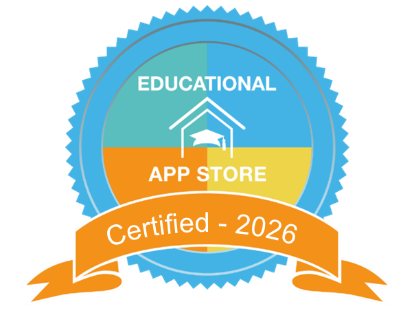 Educational App Store Certified 2026 badge — a blue rosette with an academic-cap-and-house icon and a Certified - 2026 banner