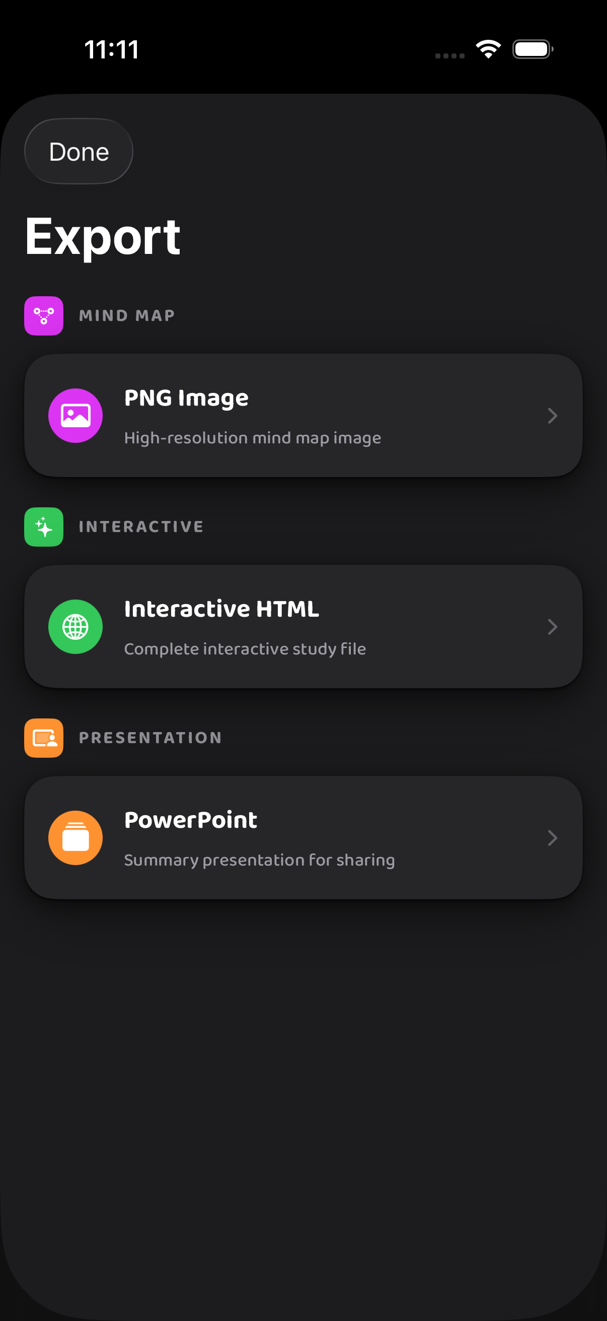 ThinkBud export screen showing PNG and presentation export options