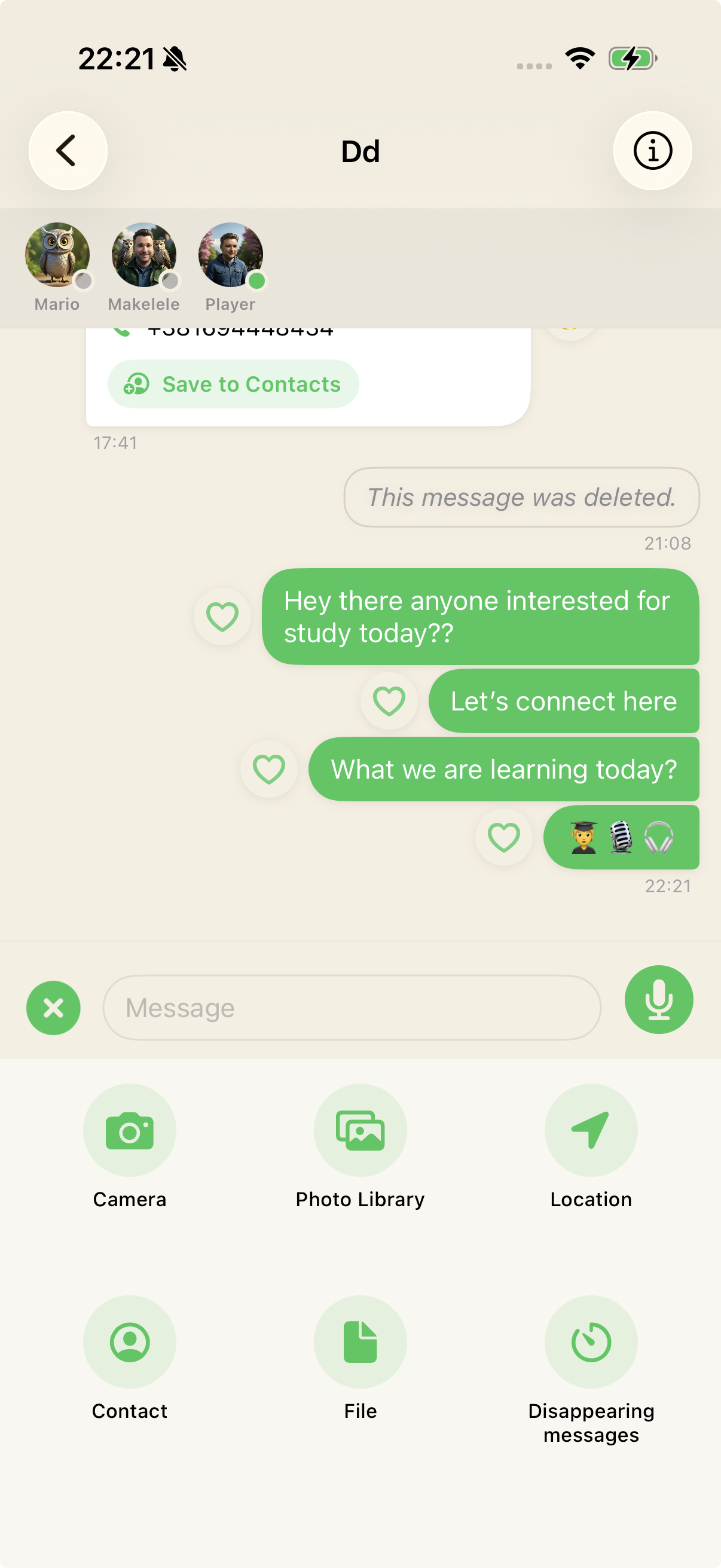 Study group chat showing classmates, messages, and media options
