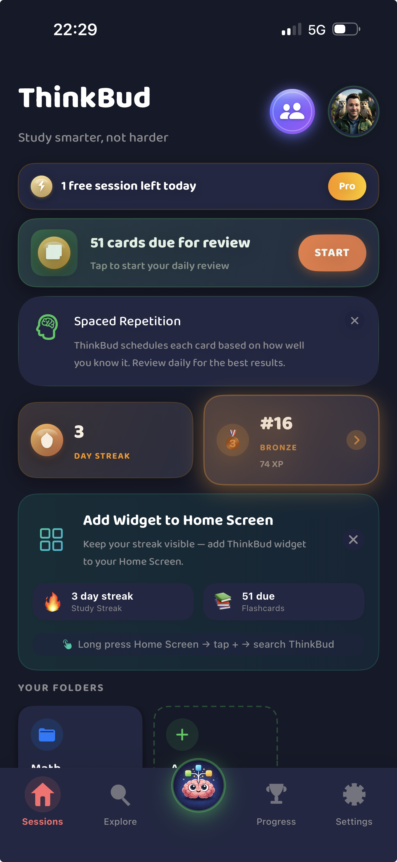 ThinkBud home screen in dark mode with widget hint and bronze league progress
