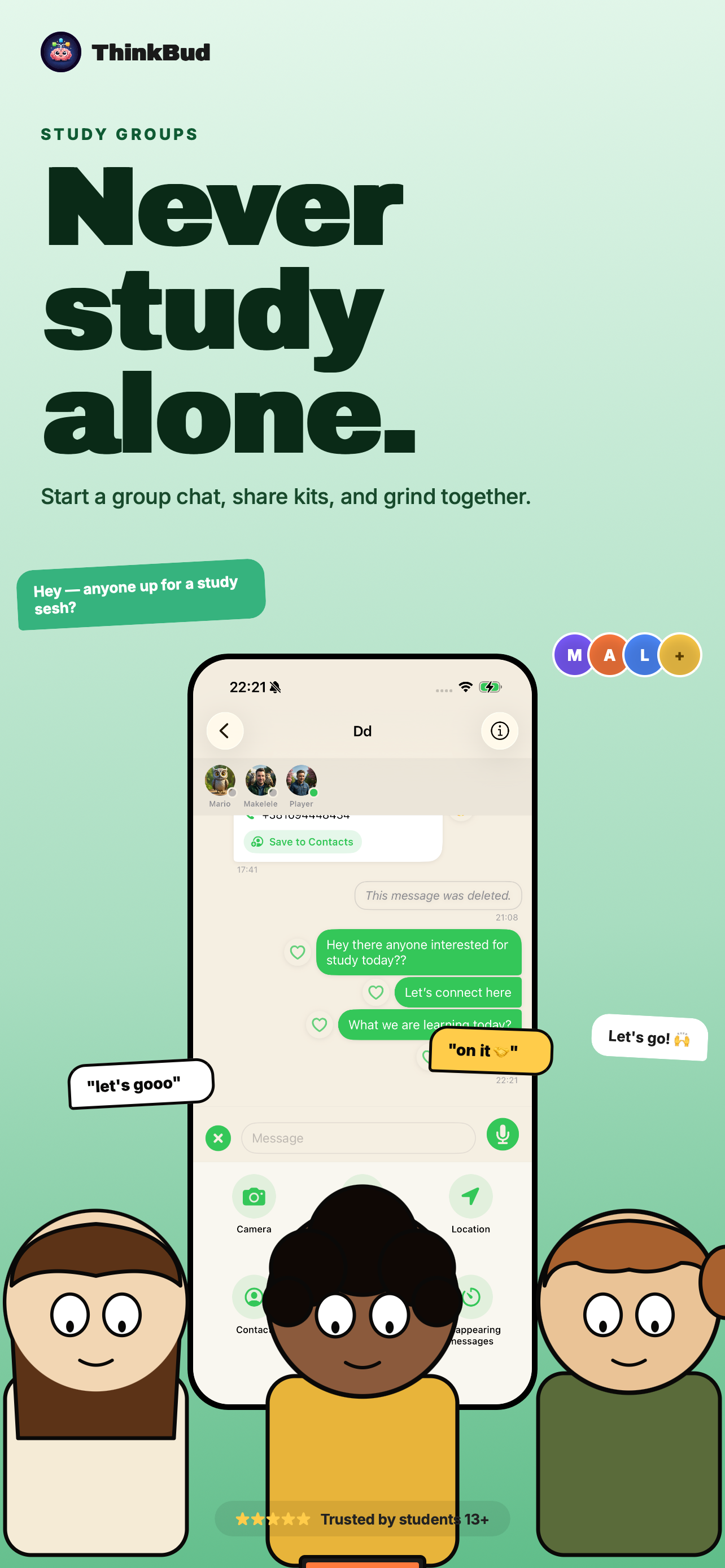 ThinkBud Study Groups — Never study alone. Start a group chat, share kits, and grind together with classmates.