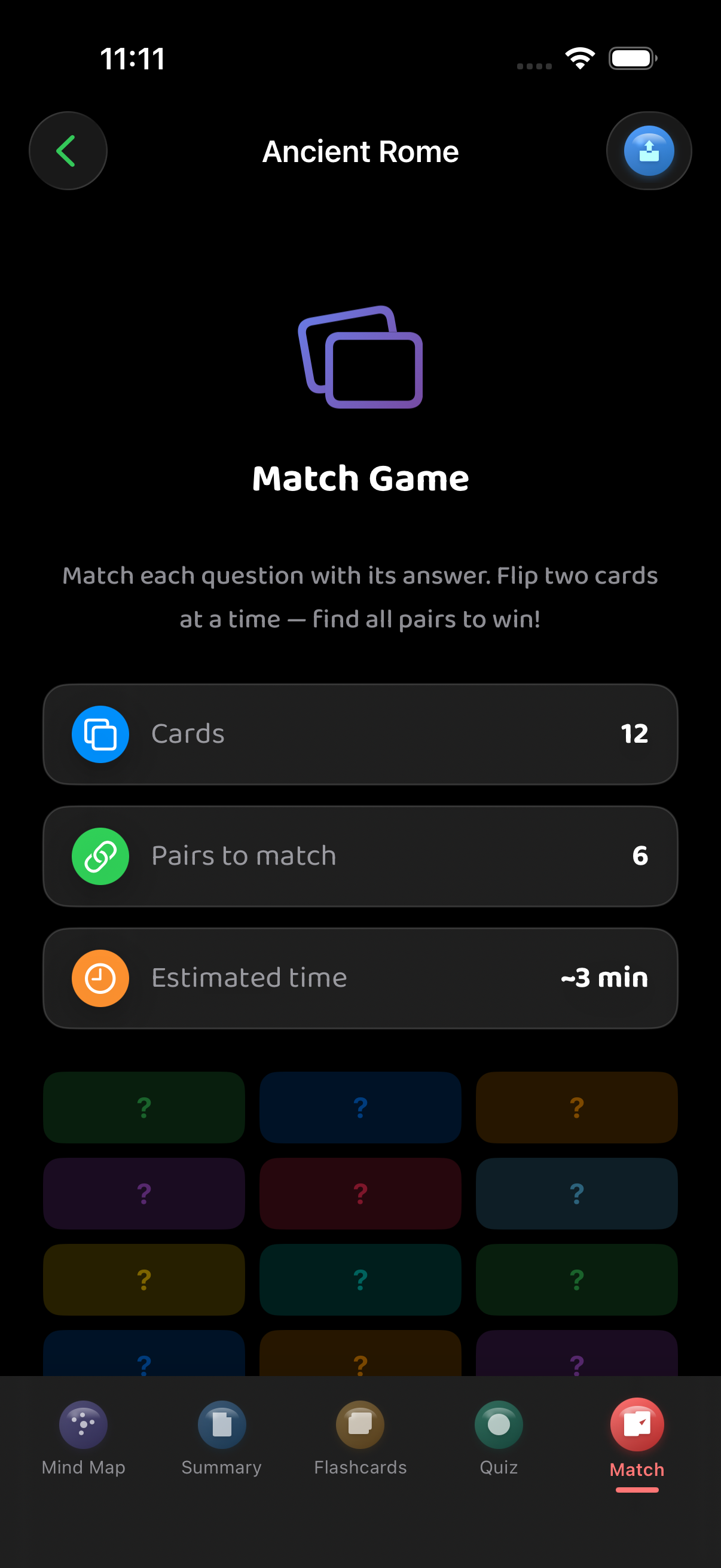 Memory matching game for retention