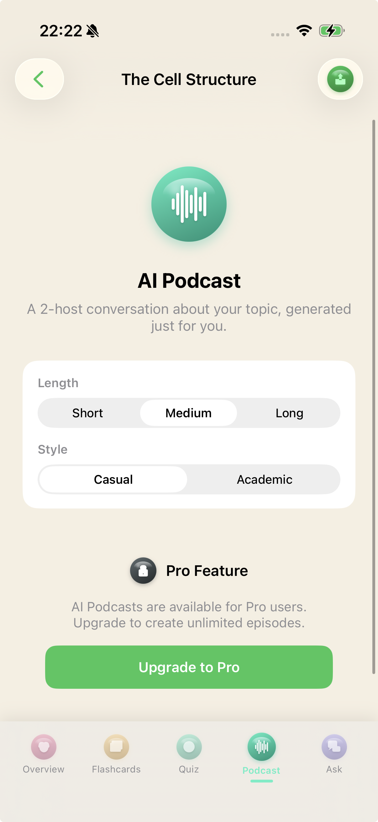 AI Podcast configuration with length and style options for a 2-host conversation