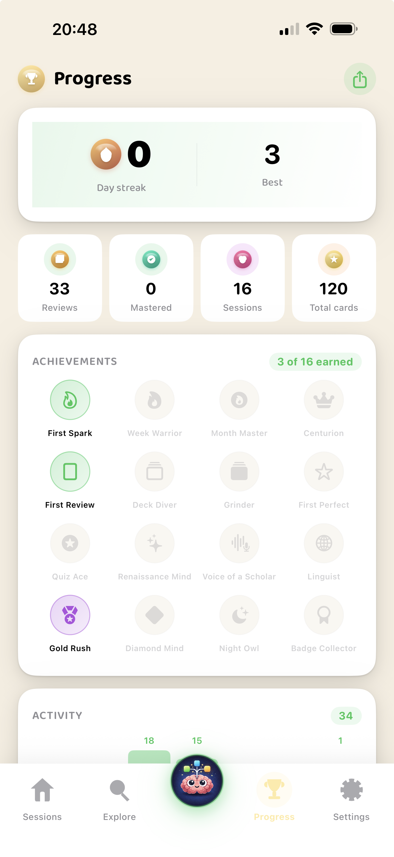 Progress dashboard with streak, badges, achievements, and weekly activity chart