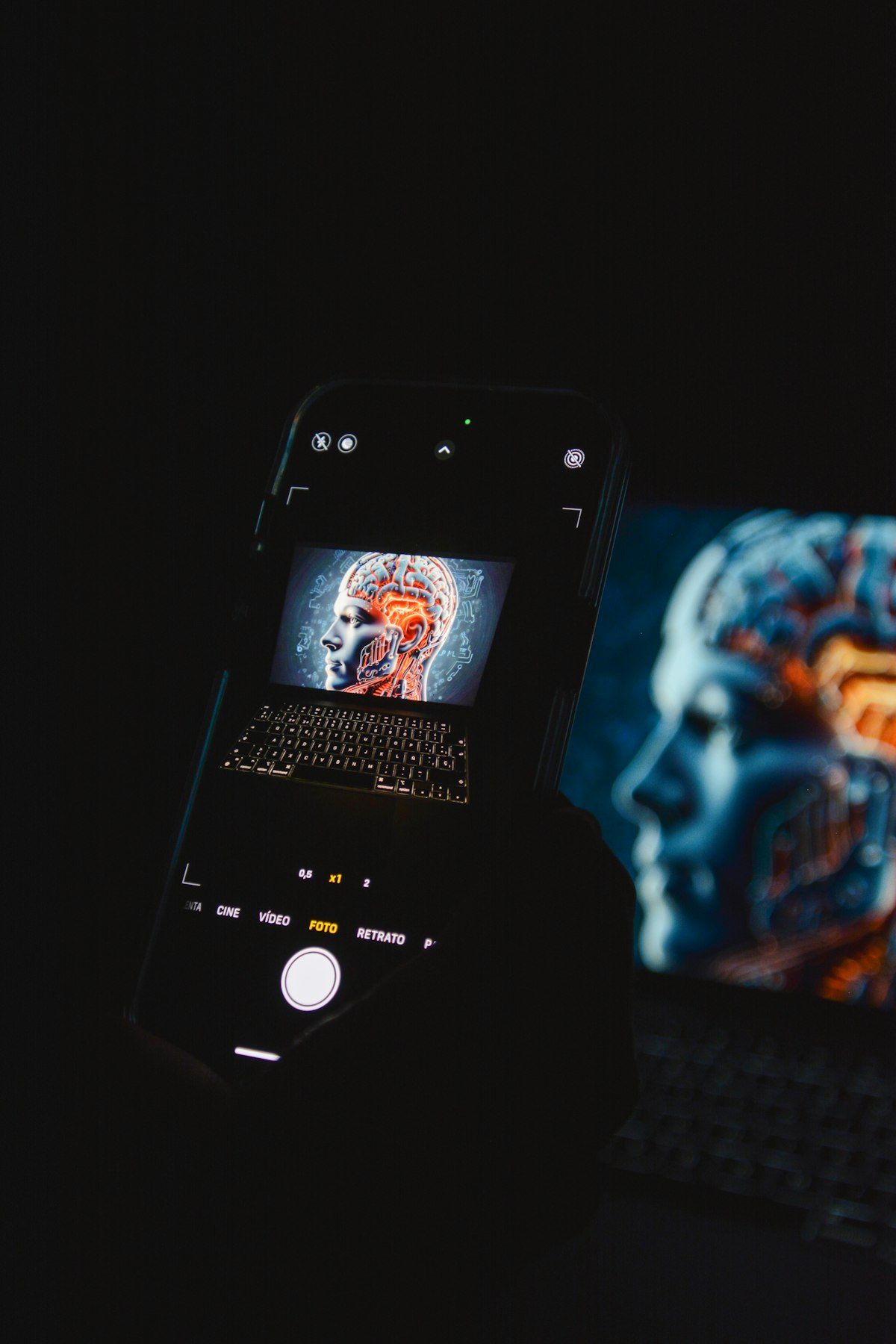 iPhone capturing an AI visualization on a laptop screen — representing Apple's native MCP support turning every iOS app into a tool for AI agents