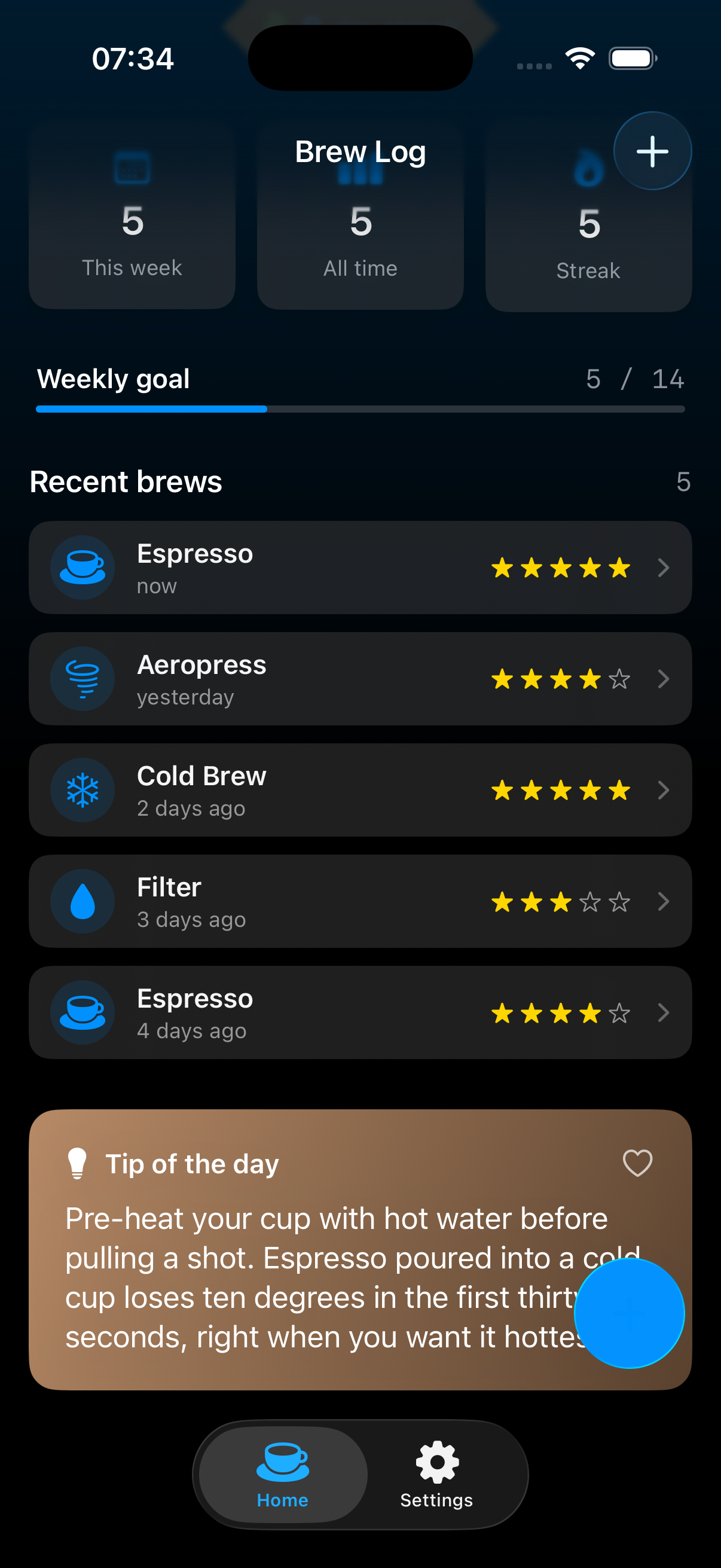 BrewLog's Tip of the Day card showing a fresh tip fetched live after a 401-refresh-retry round trip the view never knew happened — the app started with a deliberately expired token and recovered on its own.