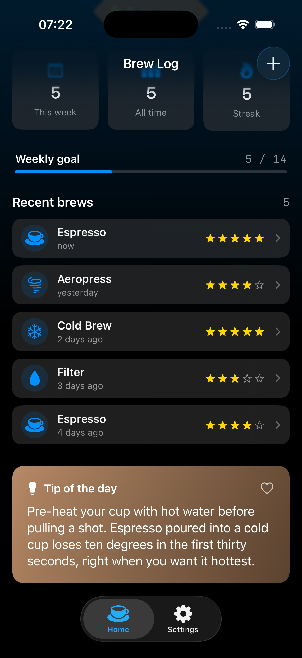 BrewLog's home screen with the Tip of the Day card showing a fresh tip — "Pre-heat your cup with hot water before pulling a shot..." — fetched live over HTTP from a local Python server instead of the old hardcoded grind-size string.