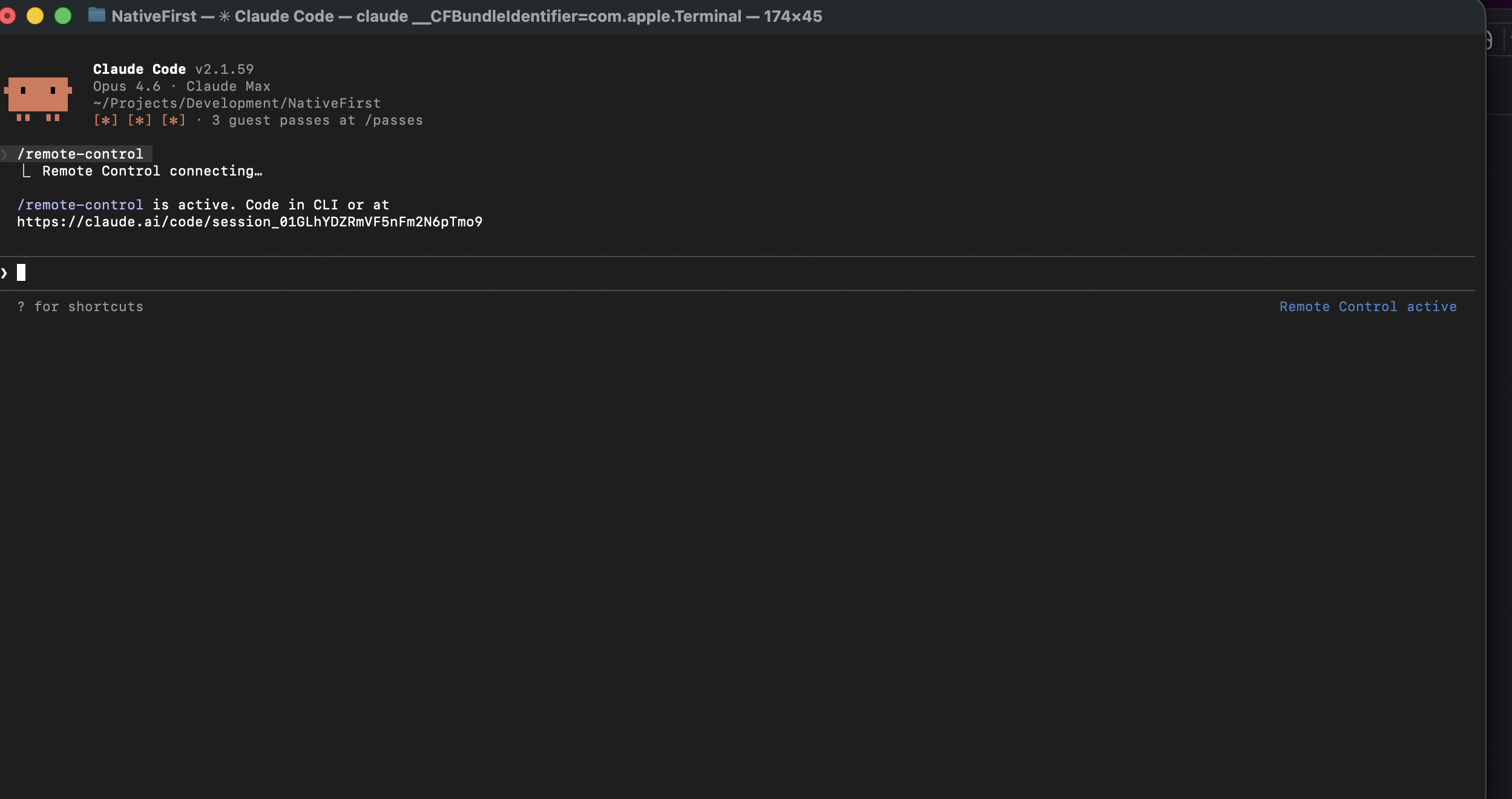 Claude Code terminal with Remote Control active badge