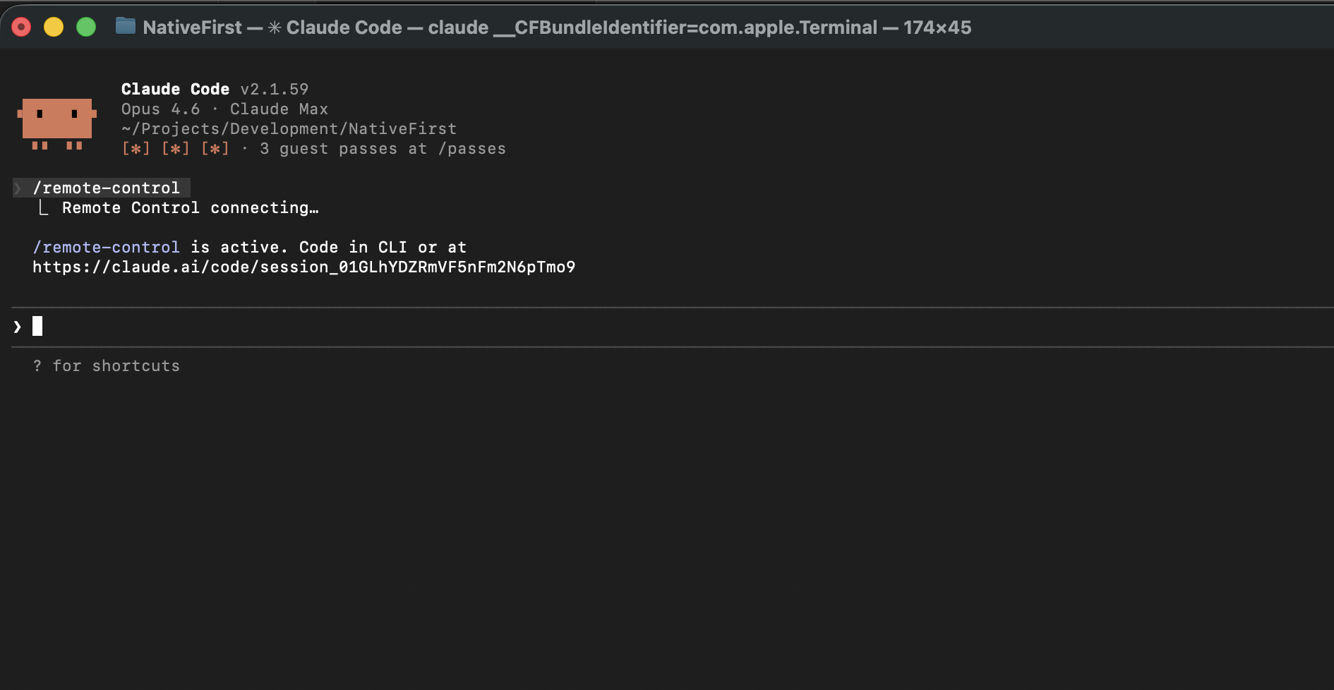 Claude Code connecting remote control and showing the session URL