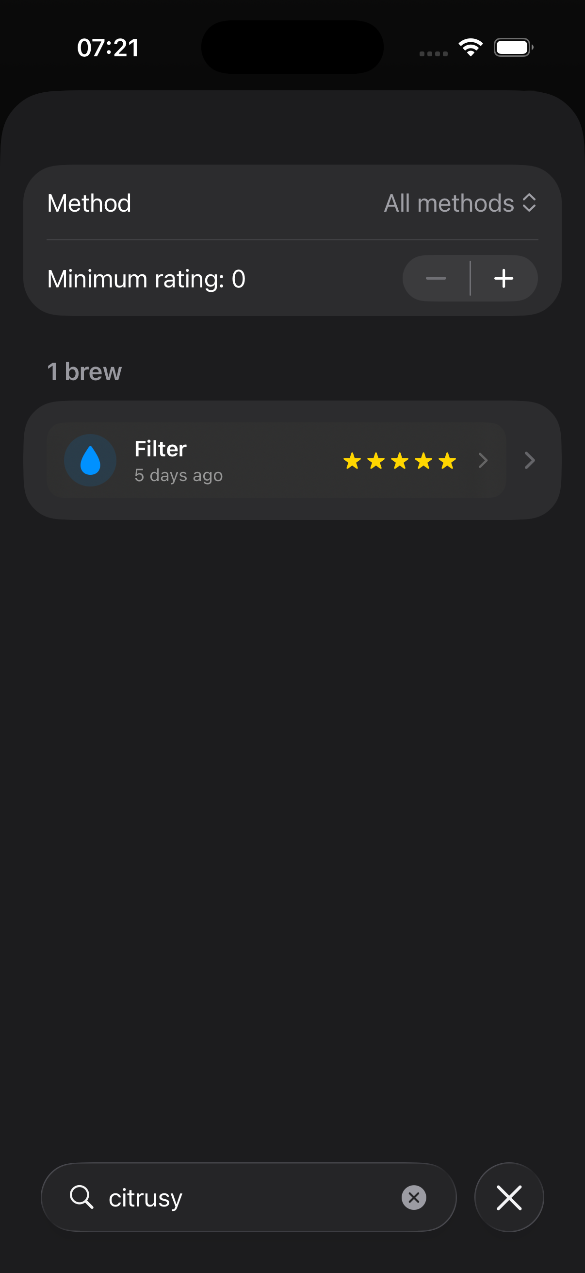 BrewLog's home screen showing a 9-day streak, stats row, and a "Recent brews" header with a "See all (10)" link replacing the plain count now that history has grown past the home screen's eight-row preview.