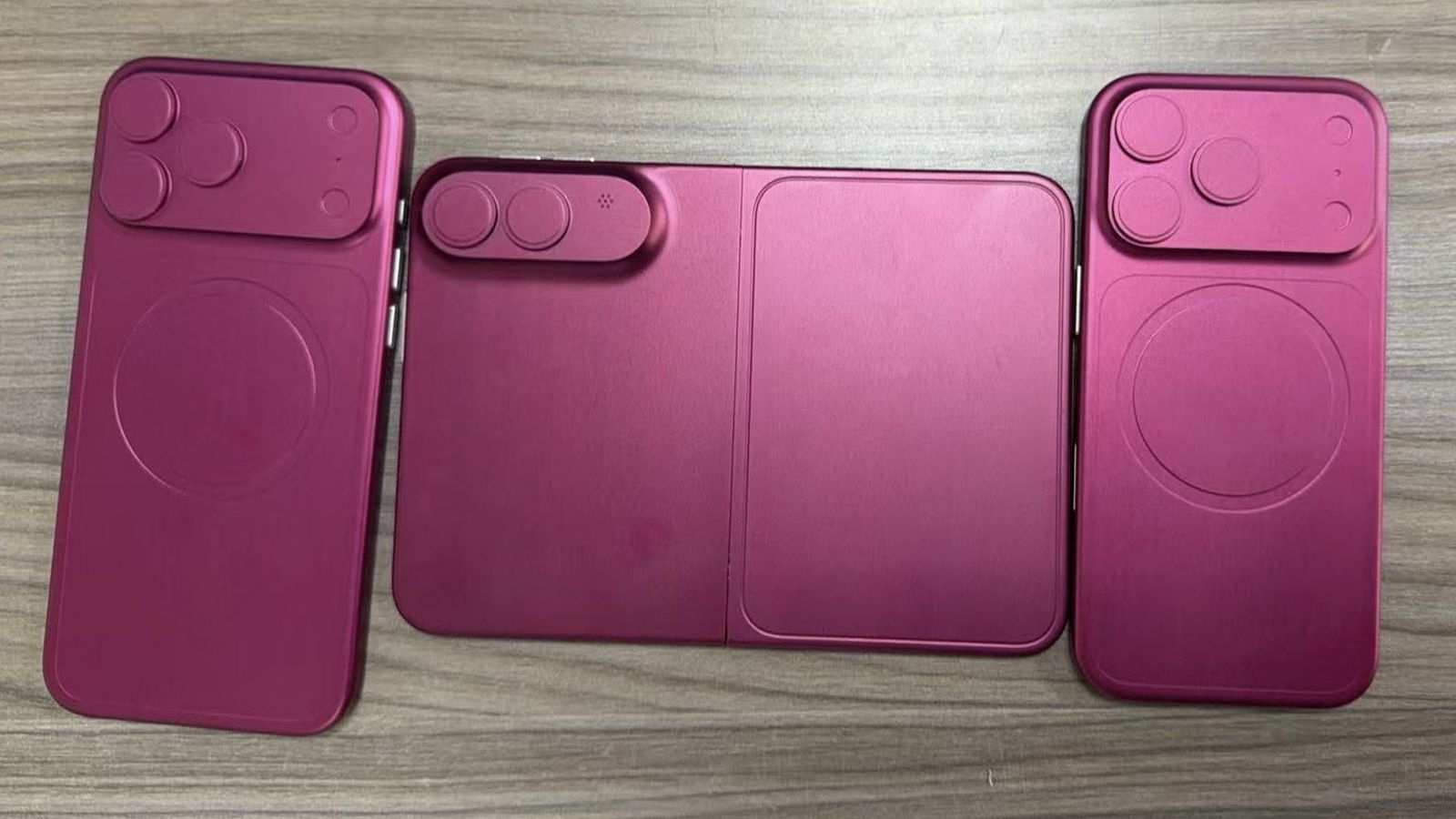 Leaked dummy models of the Apple iPhone Fold alongside iPhone 18 Pro models showing the book-style foldable form factor