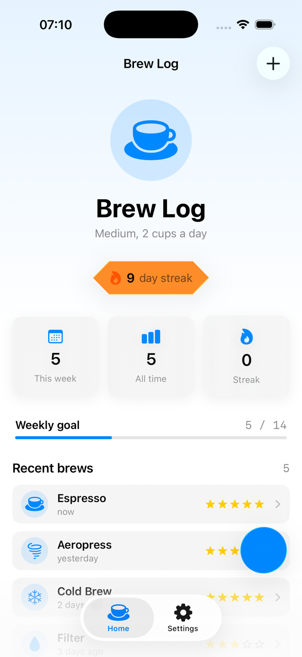 BrewLog home screen on an iPhone 17 Pro — a hexagonal orange Liquid Glass streak badge sits under the title, and a blue circular glass action button floats at the bottom right.