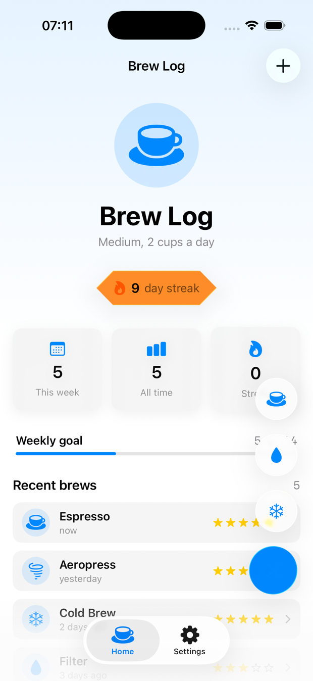 The same BrewLog screen with the action button expanded — three circular Liquid Glass quick-add buttons have morphed out of the floating button, each a separate glass circle that flowed from the parent.