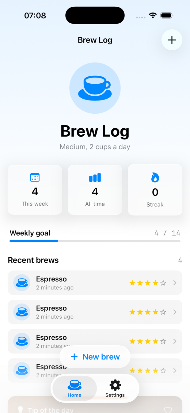 The same BrewLog home screen after applying glassEffect — the stat cards now render as Liquid Glass and a floating glass capsule 'New brew' button lenses the content scrolling behind it.