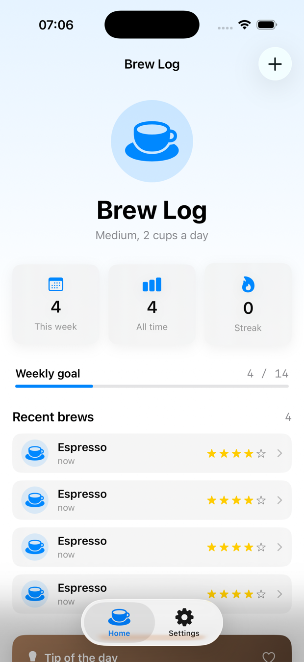 BrewLog home screen built against the iOS 26 SDK with no Liquid Glass code — the system tab bar and the plus toolbar button already render as floating glass, while the content cards are still plain material.