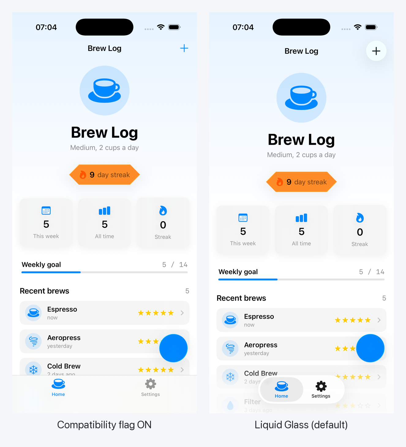 Side-by-side of the BrewLog home screen on iOS 26. Left, with the compatibility flag on: a flat, opaque tab bar pinned edge-to-edge at the bottom and a plain blue plus button in the navigation bar. Right, the Liquid Glass default: the tab bar floats as a translucent glass capsule and the plus button sits in its own circular glass well.