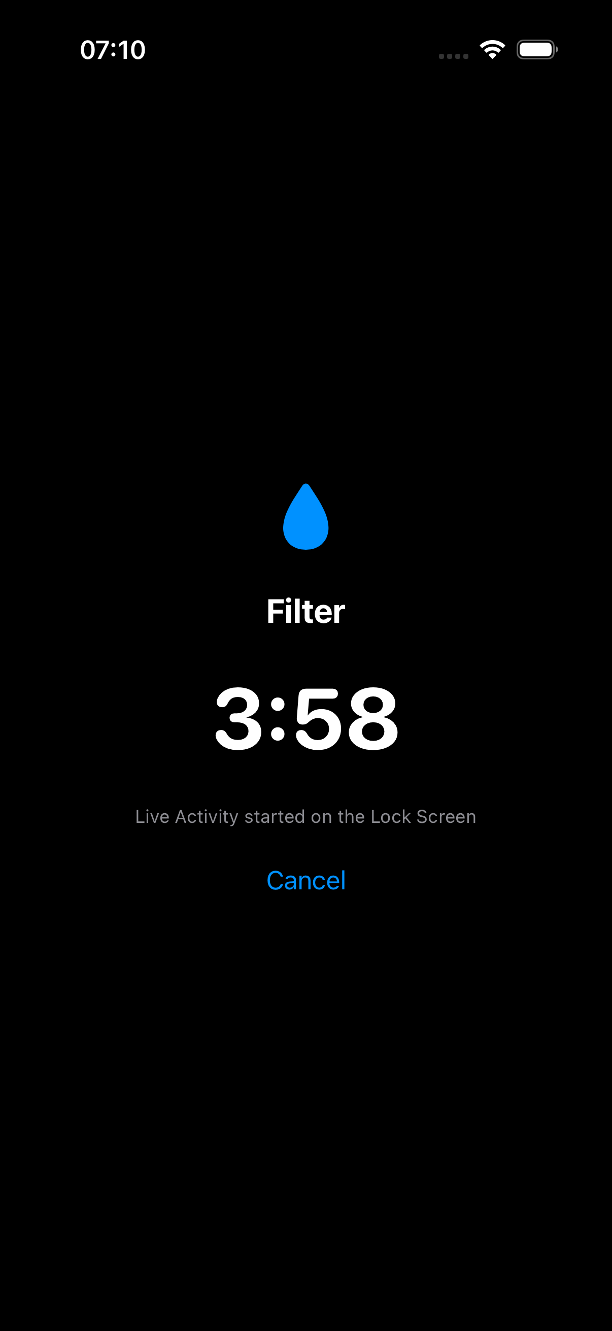 BrewLog's brewing screen mid-countdown for a Filter brew: a droplet icon, "Filter," a 3:58 countdown in large monospaced digits, the caption "Live Activity started on the Lock Screen," and a Cancel button.