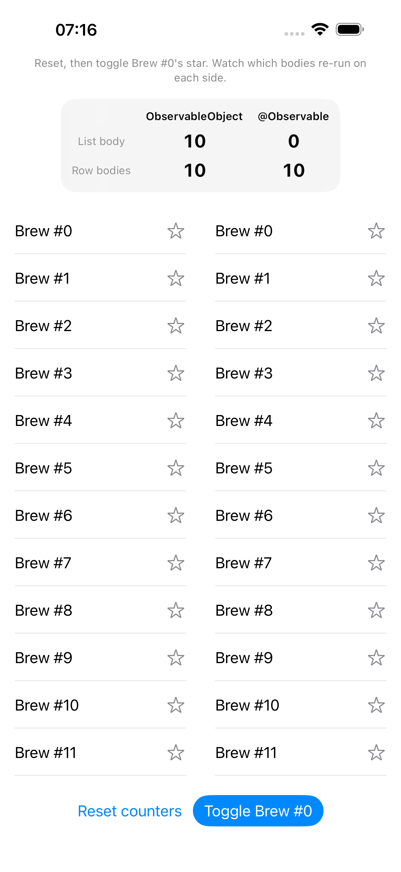 BrewLog's @Observable performance demo screen showing a counts table — List body 10 vs 0, Row bodies 10 vs 10 — above two side-by-side 1,000-row lists