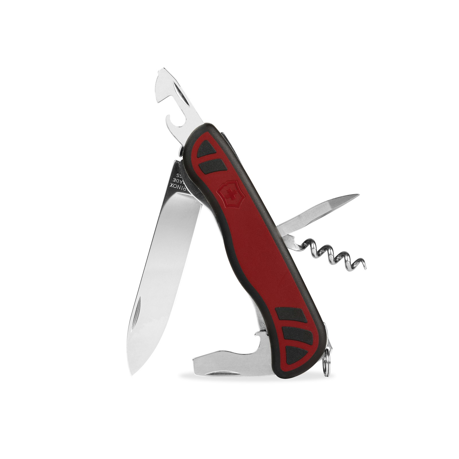 A red and black Swiss Army knife fully opened, blade, bottle opener, and corkscrew all fanned out at once — one handle doing five jobs, which is exactly the problem this post is about.