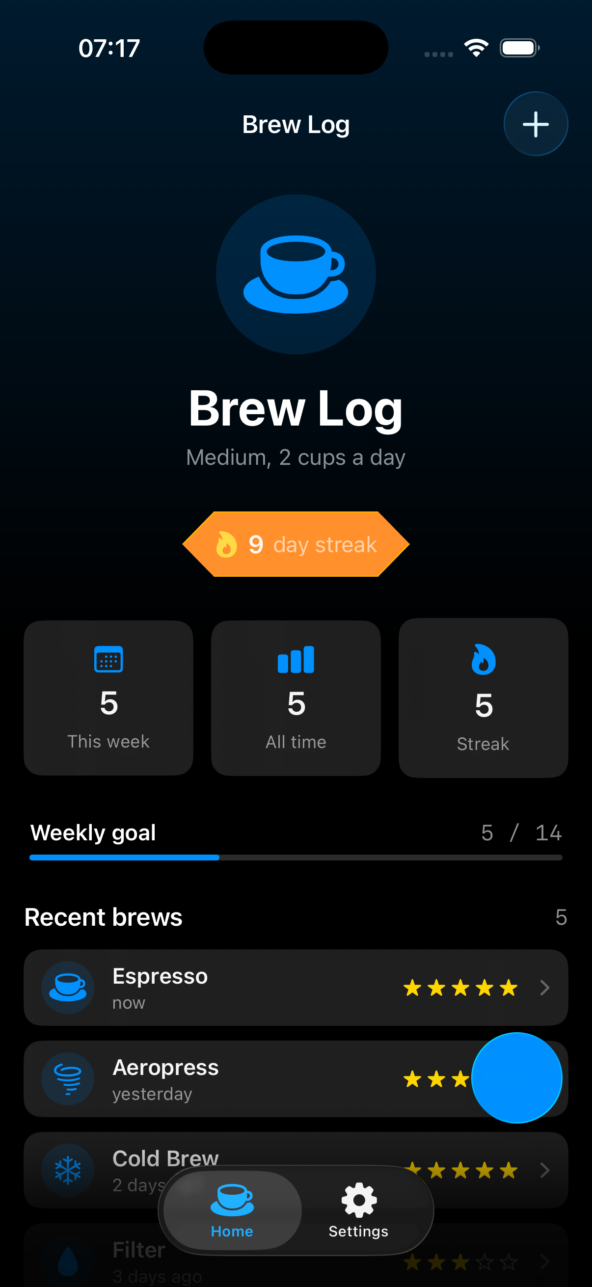 BrewLog's home screen showing the Streak stat card now reading 5, matching five real seeded brews across five consecutive days, instead of the previous hardcoded 0.