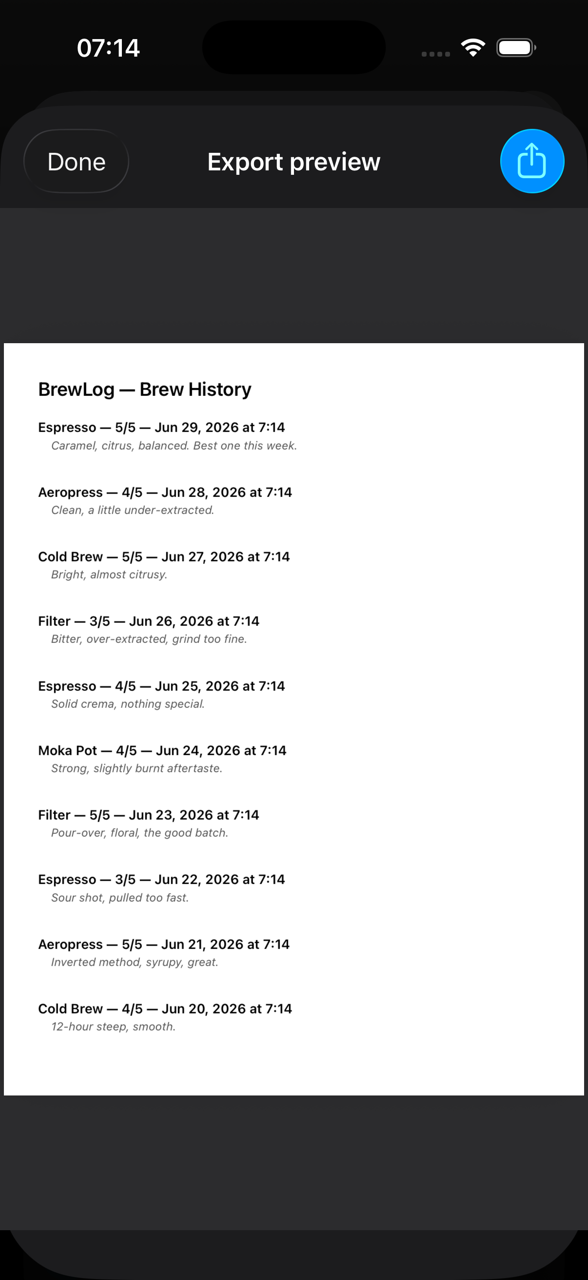 BrewLog's PDF export preview sheet showing a real PDFKit PDFView rendering a generated PDF titled "BrewLog — Brew History," with ten brew rows listing method, rating, date, and notes as real selectable text.