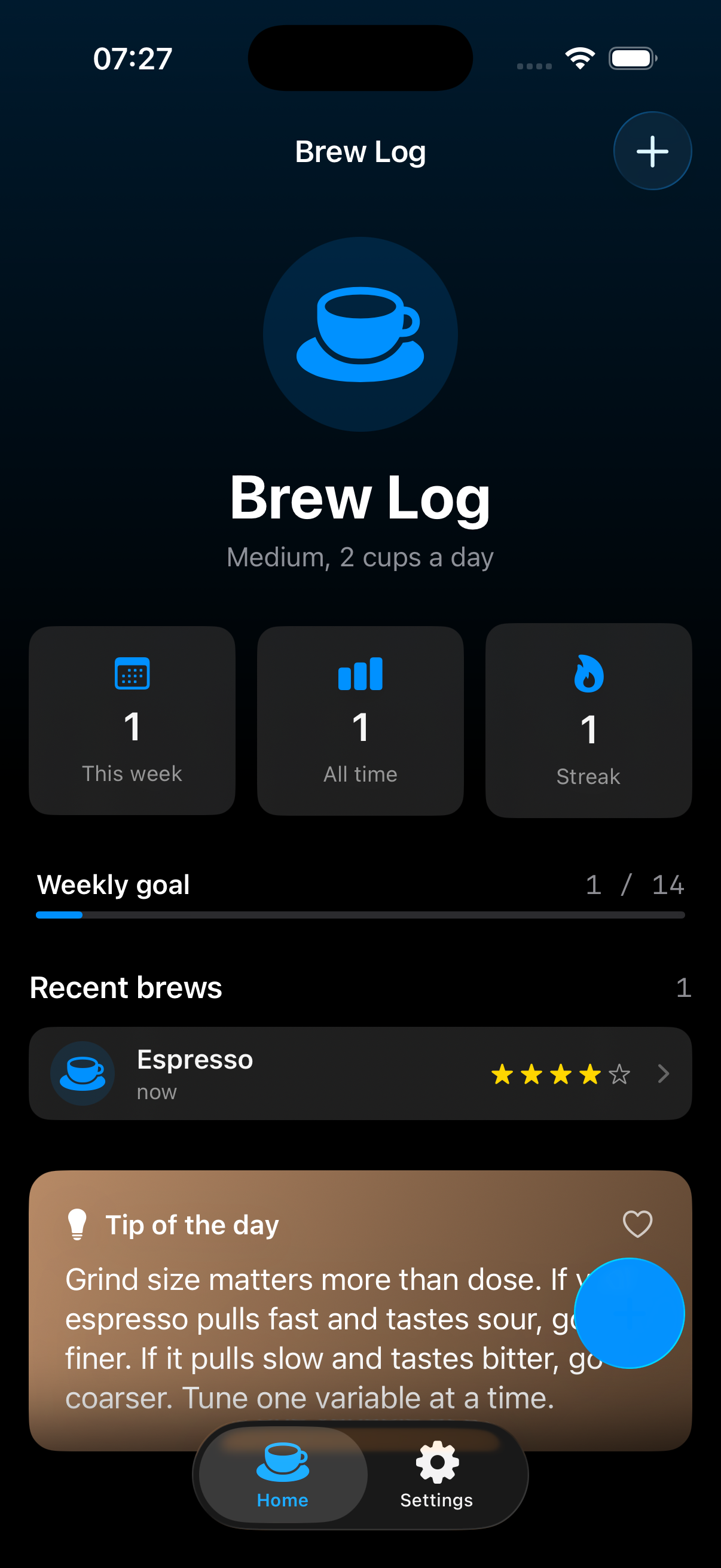 BrewLog's home screen after LogBrewIntent.perform() ran without opening the app: This week 1, All time 1, Streak 1, and a fresh Espresso entry rated 4 stars logged "now".