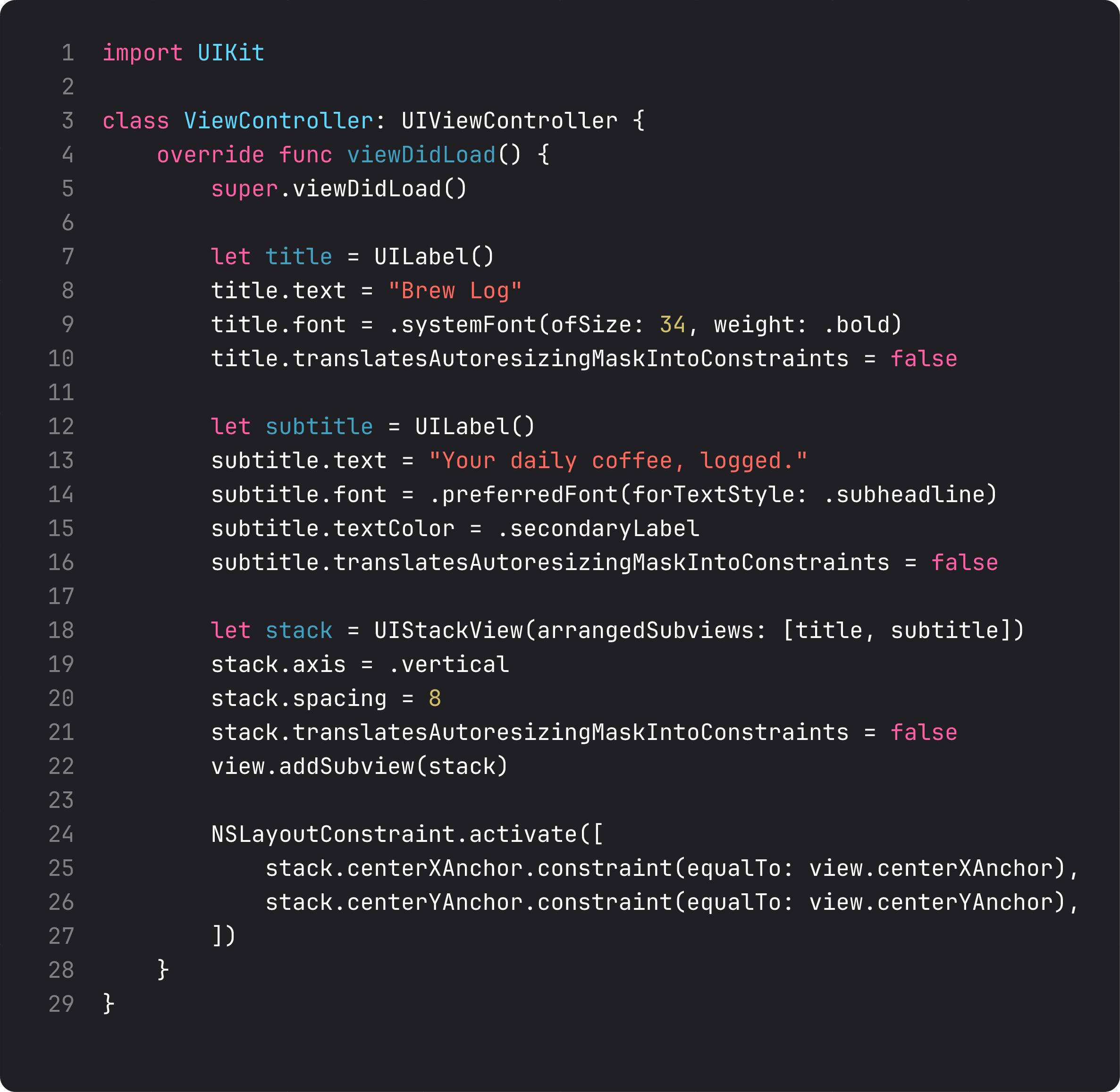 UIKit view controller with title and subtitle labels