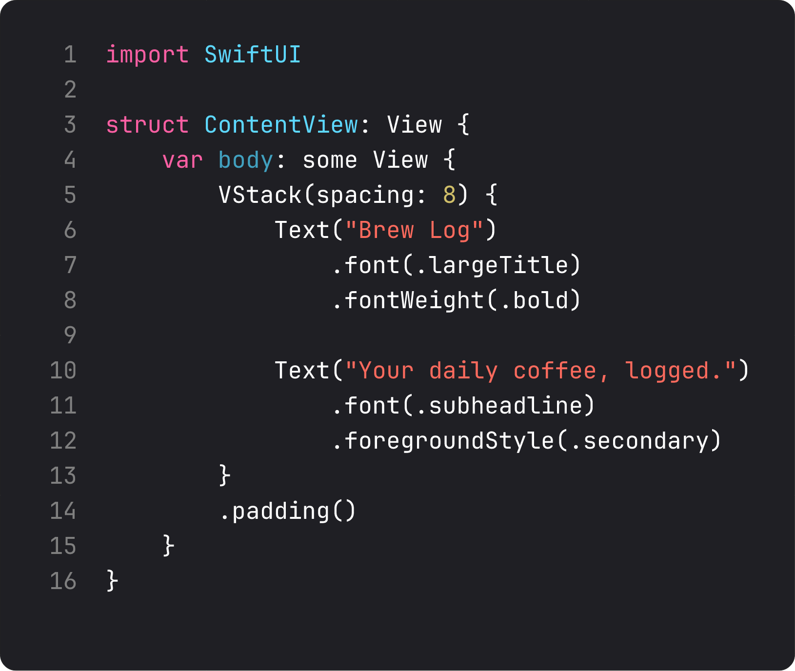 Final SwiftUI ContentView with VStack, title, subtitle, modifiers