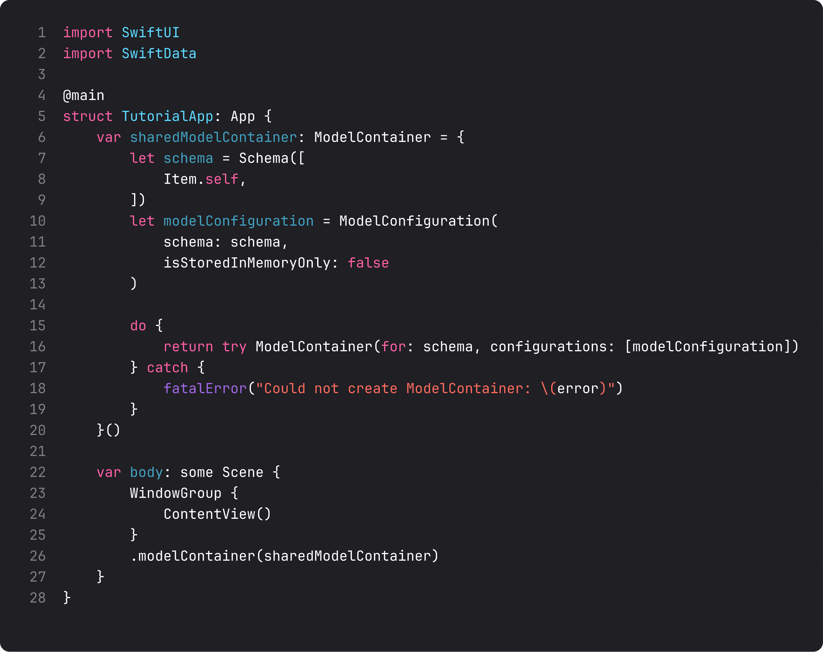 Default Xcode template app file with SwiftData ModelContainer boilerplate