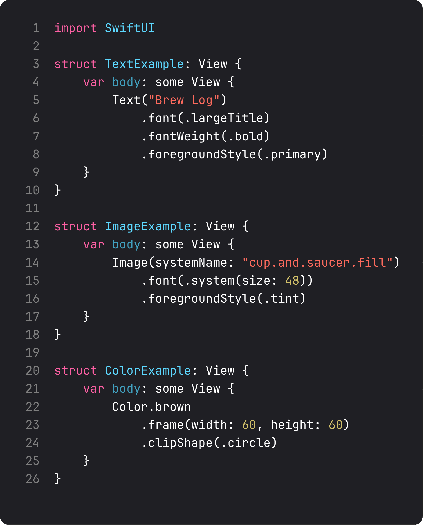 Three minimal SwiftUI views — Text, Image, Color