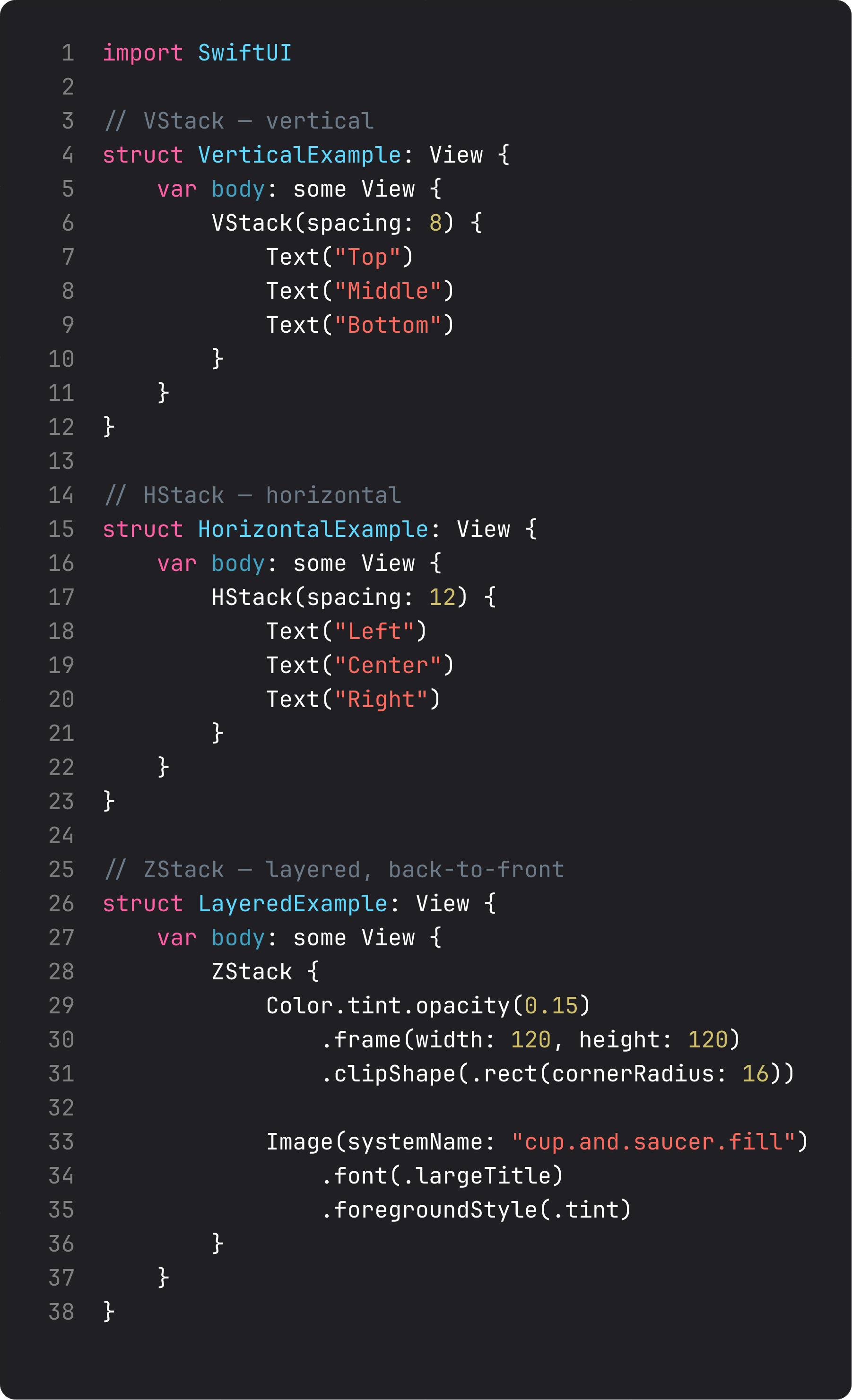 Three minimal SwiftUI stacks — VStack, HStack, ZStack