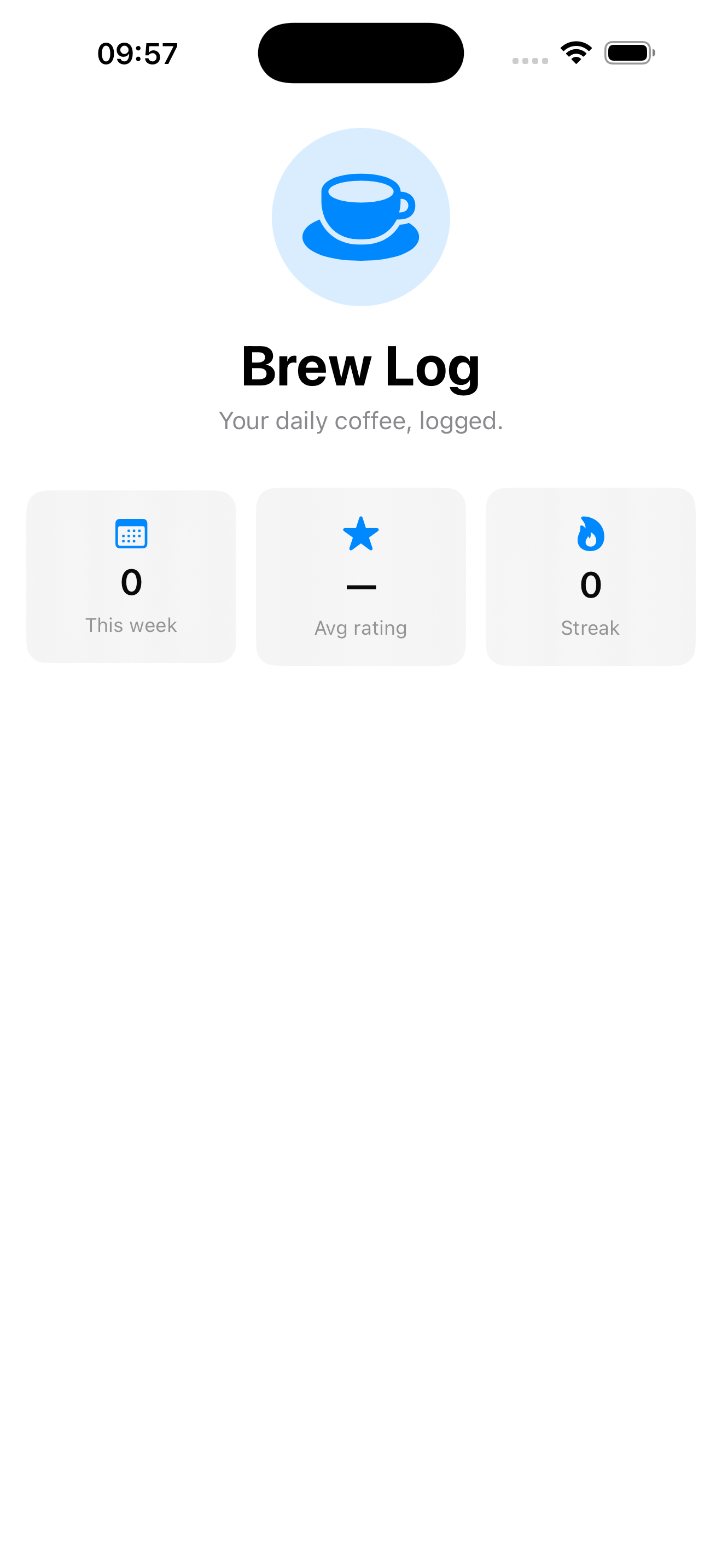 BrewLog with hero and stats row on iPhone 17 Pro Max