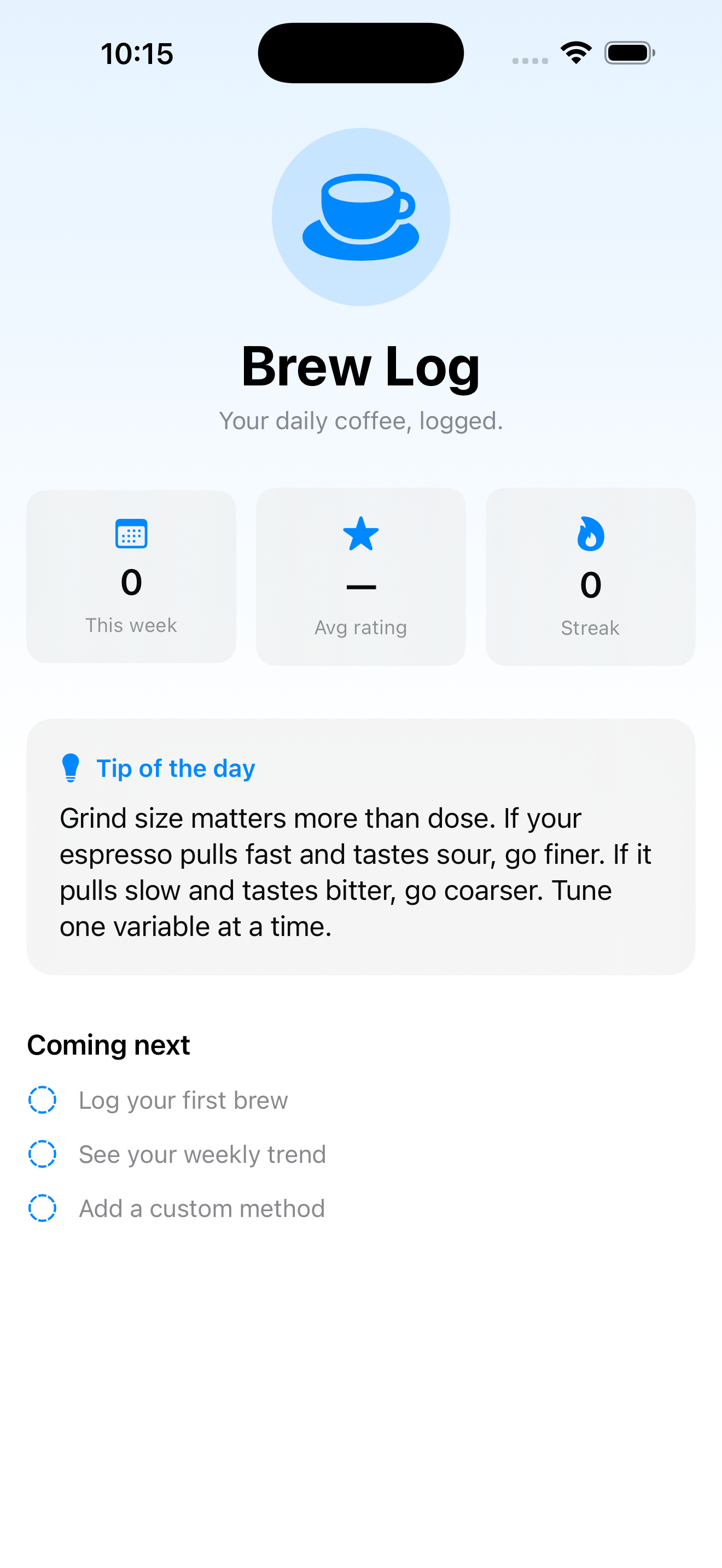 BrewLog scrolling home with gradient and tip card