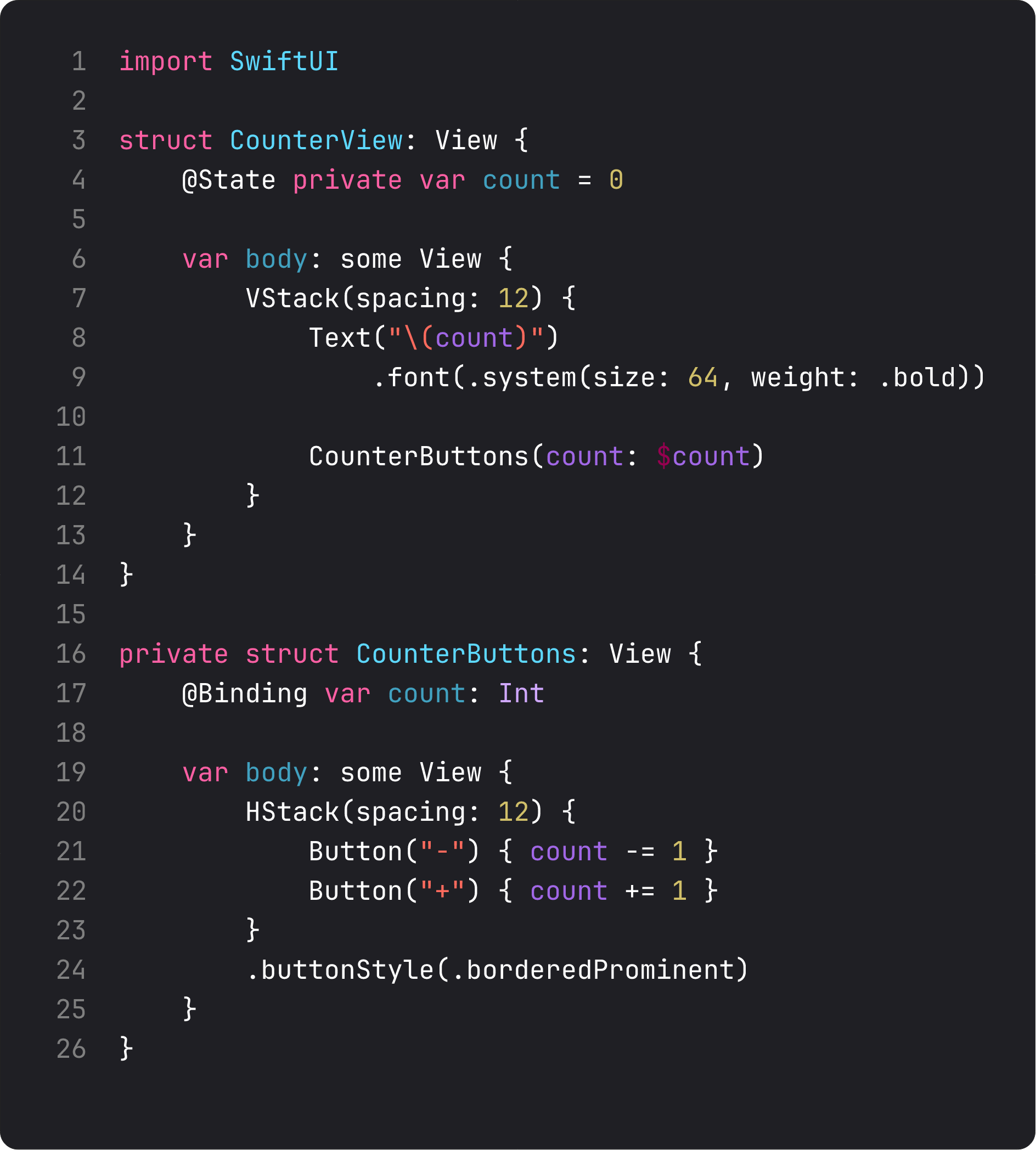 Counter view with extracted CounterButtons taking @Binding