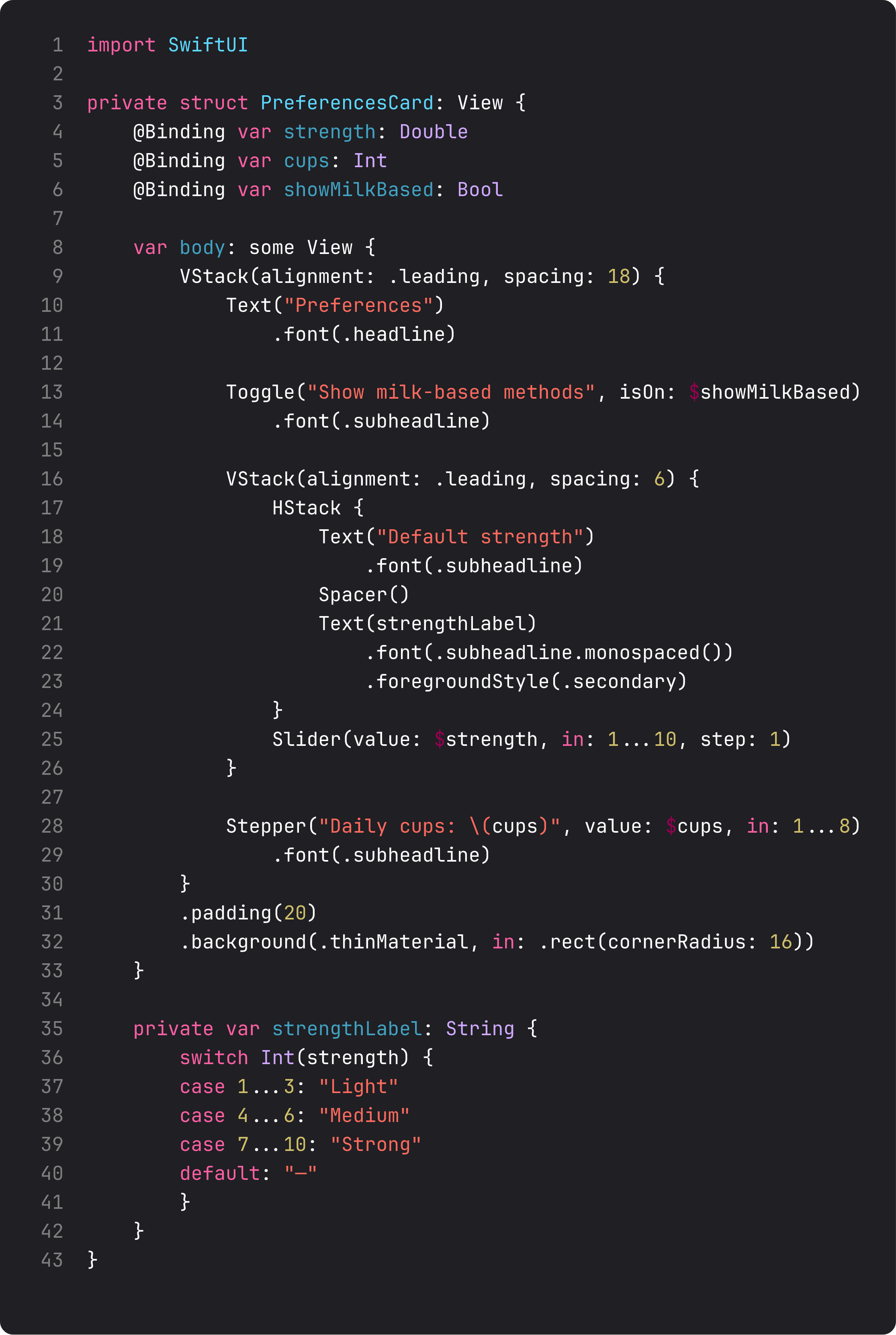 PreferencesCard with Toggle, Slider, Stepper