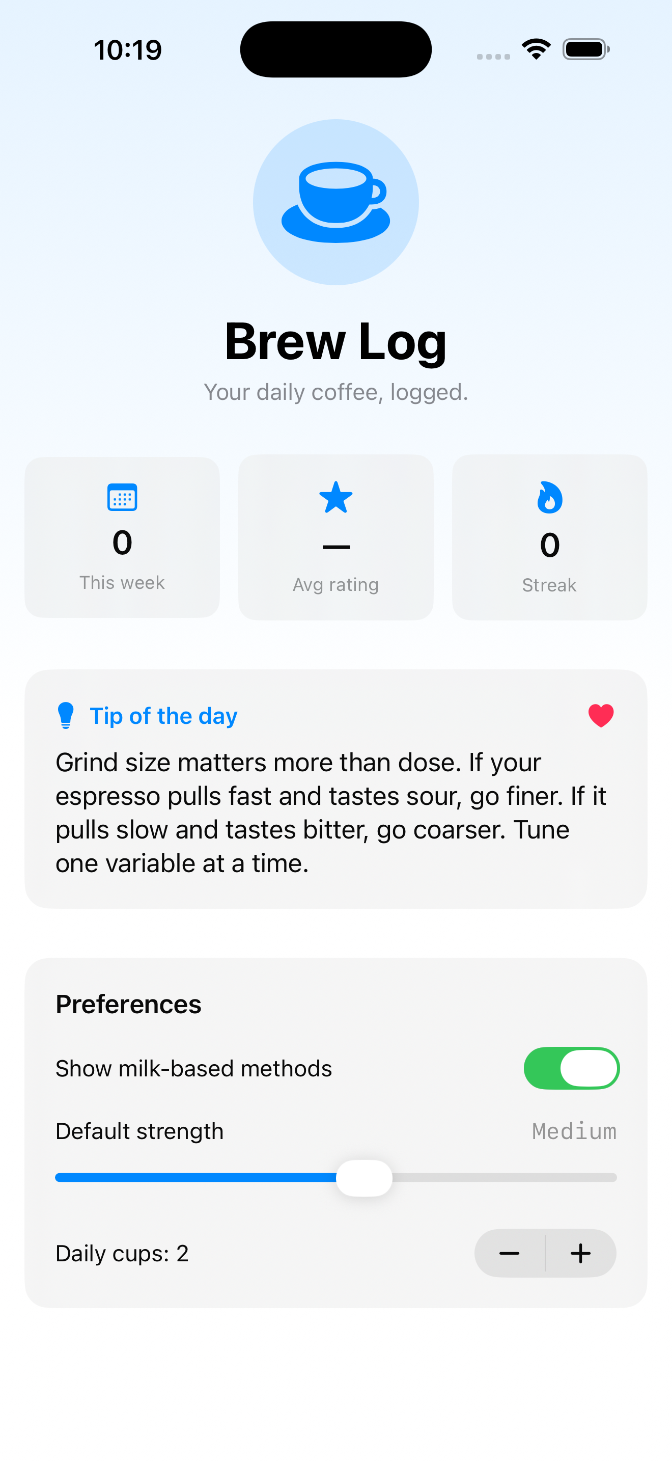 BrewLog with PreferencesCard showing Toggle, Slider, Stepper