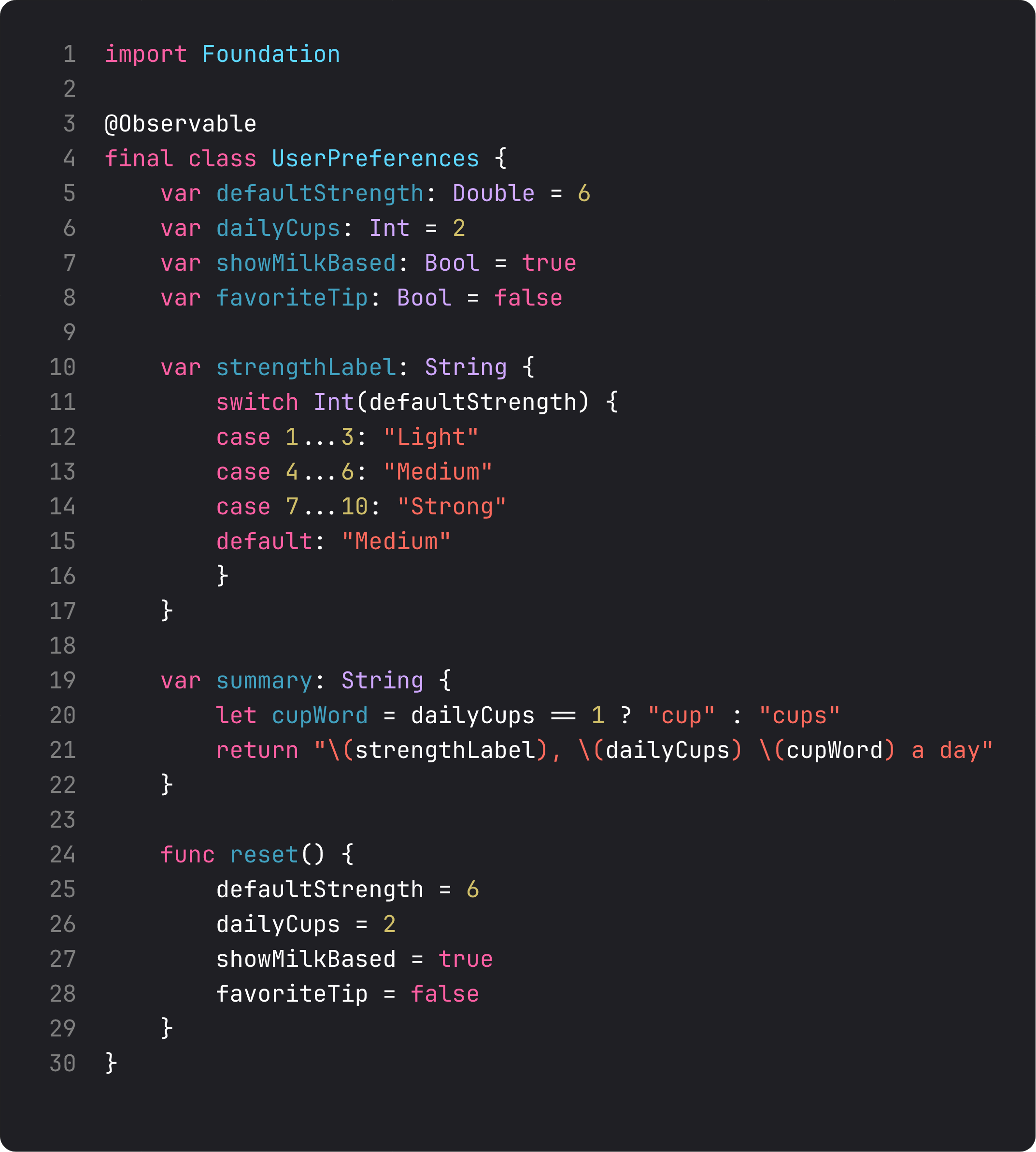 UserPreferences class with @Observable macro