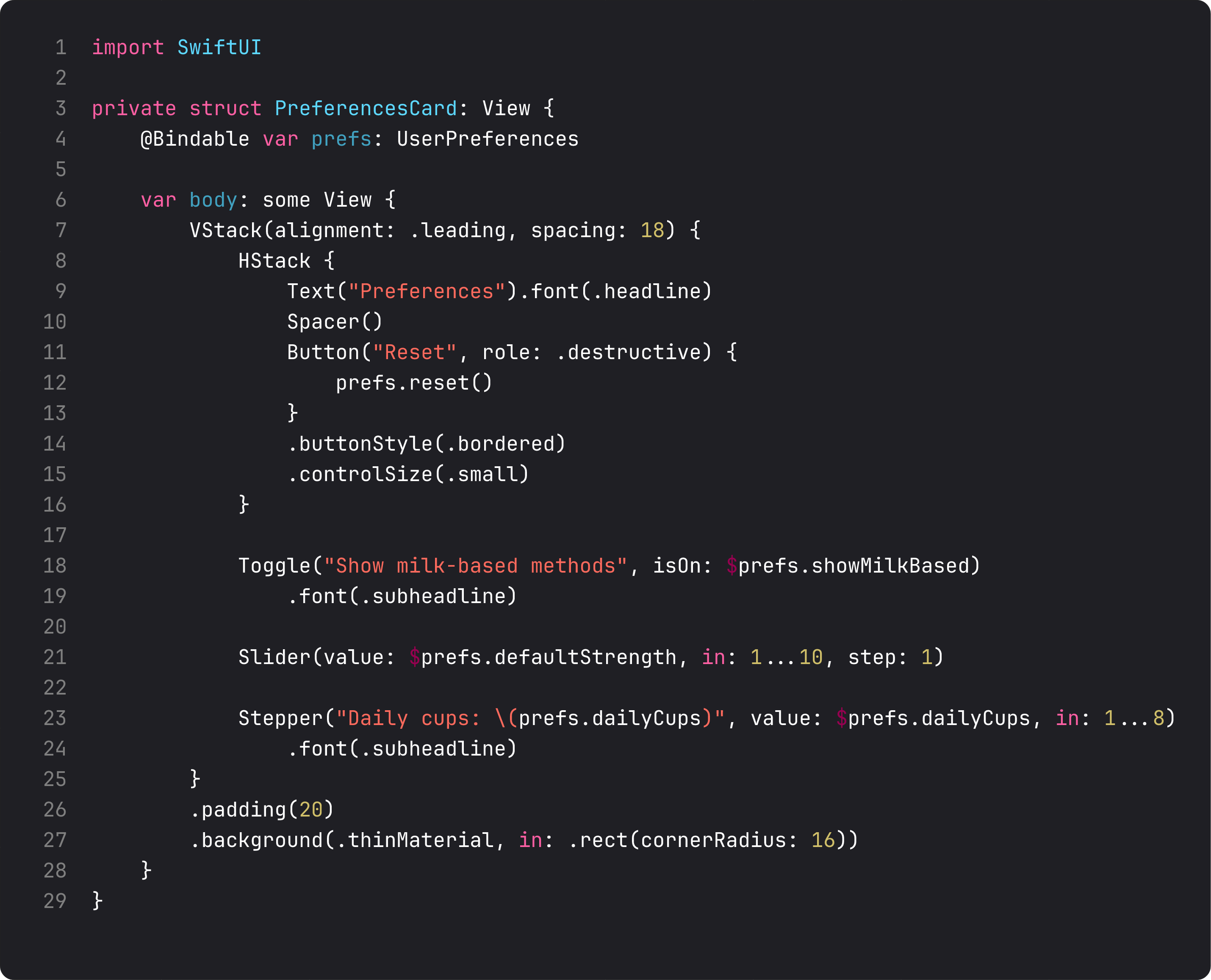 PreferencesCard with @Bindable model