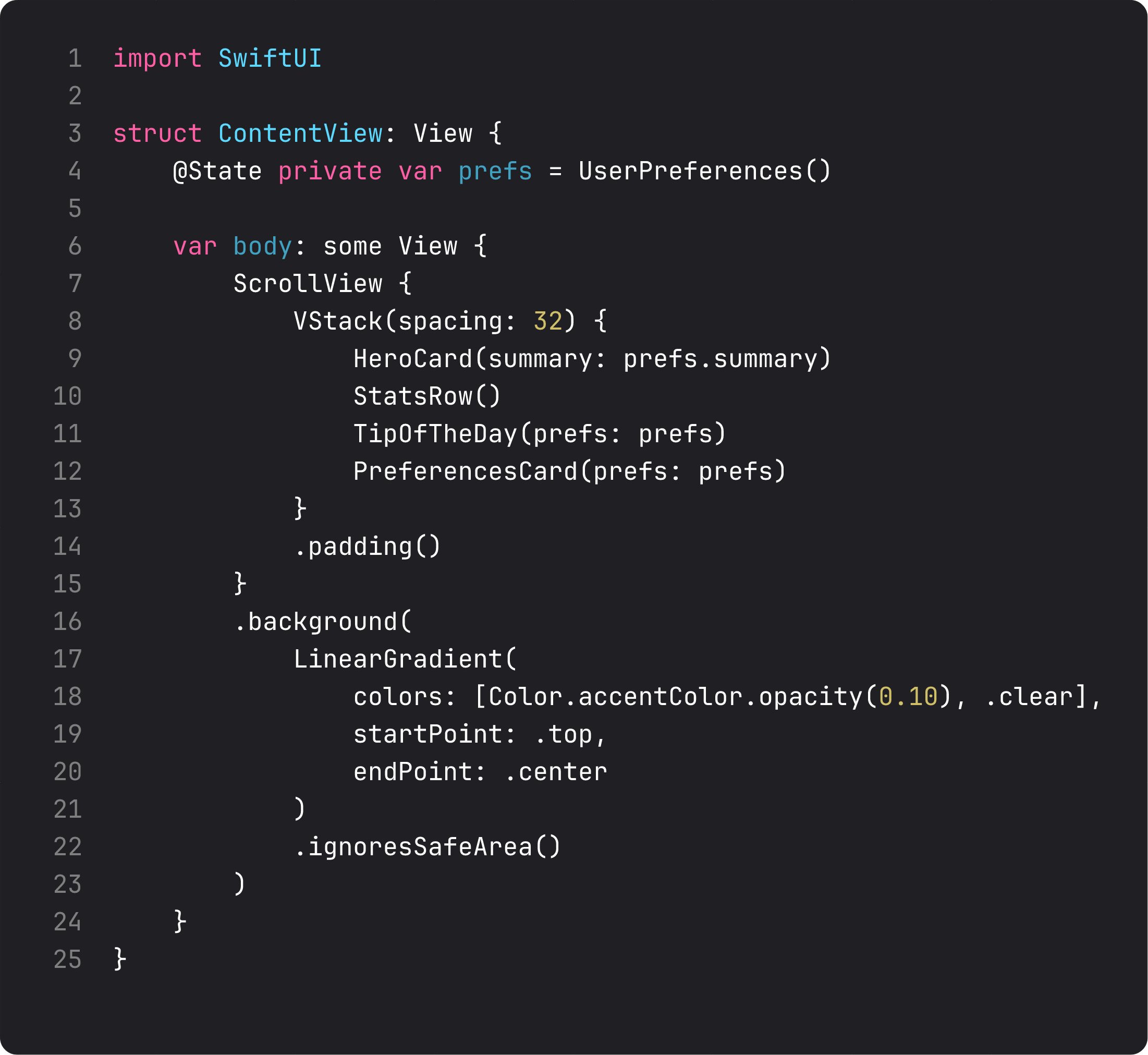 ContentView holding UserPreferences via @State