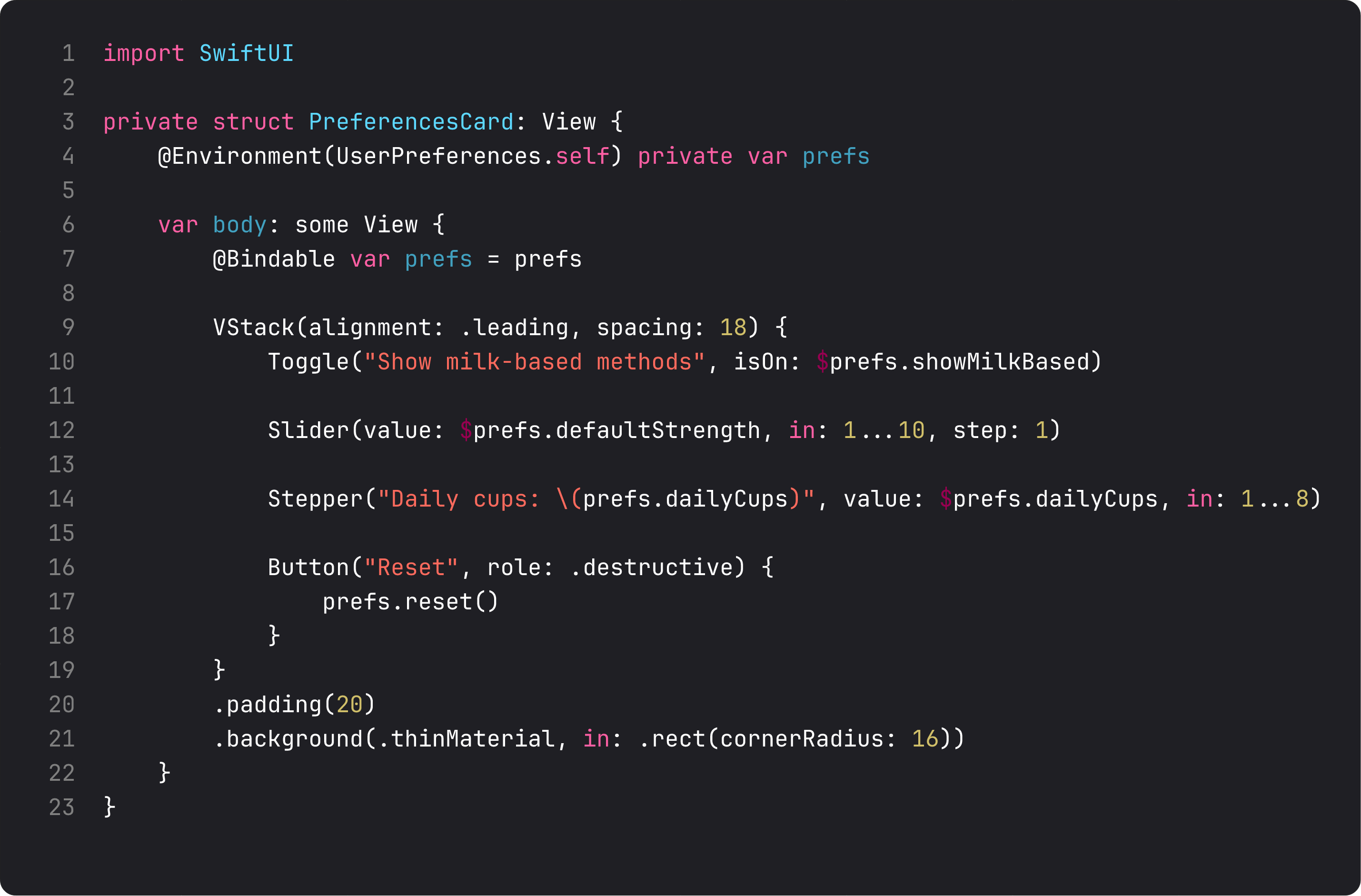 PreferencesCard reading UserPreferences from environment