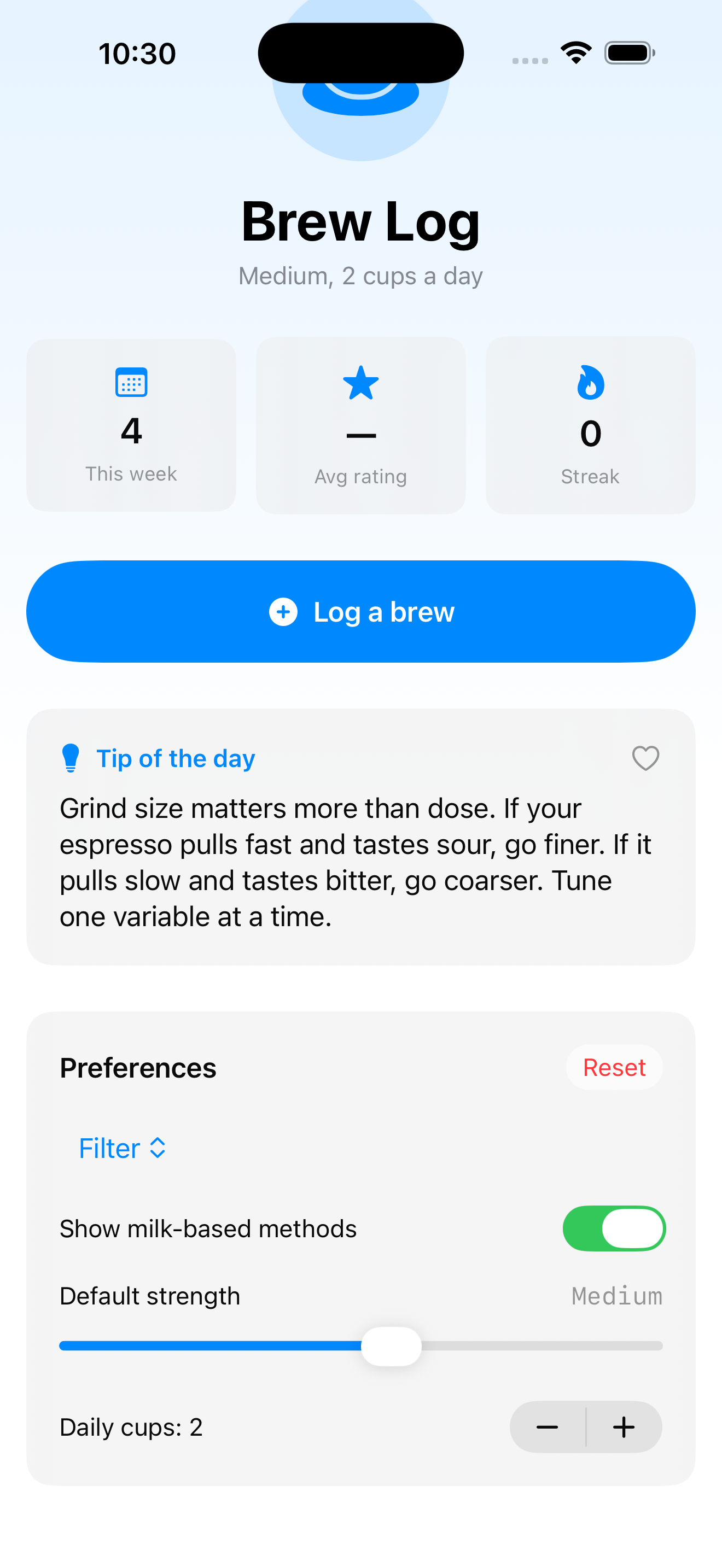 BrewLog with primary Log button, hero menu, picker